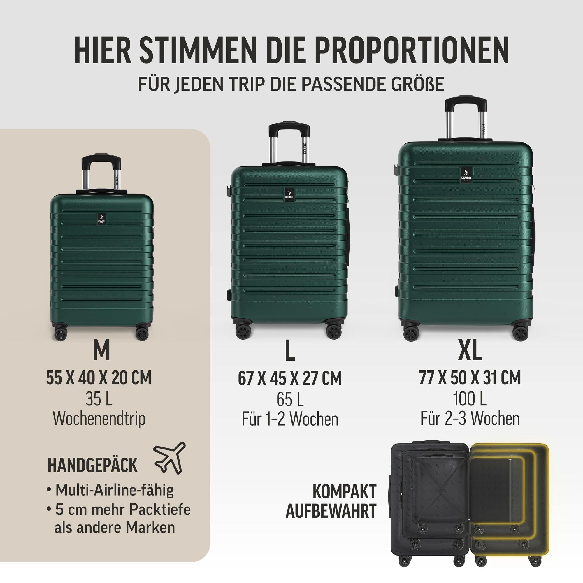 Ensemble de 3 valises rigides vertes à roulettes multidirectionnelles