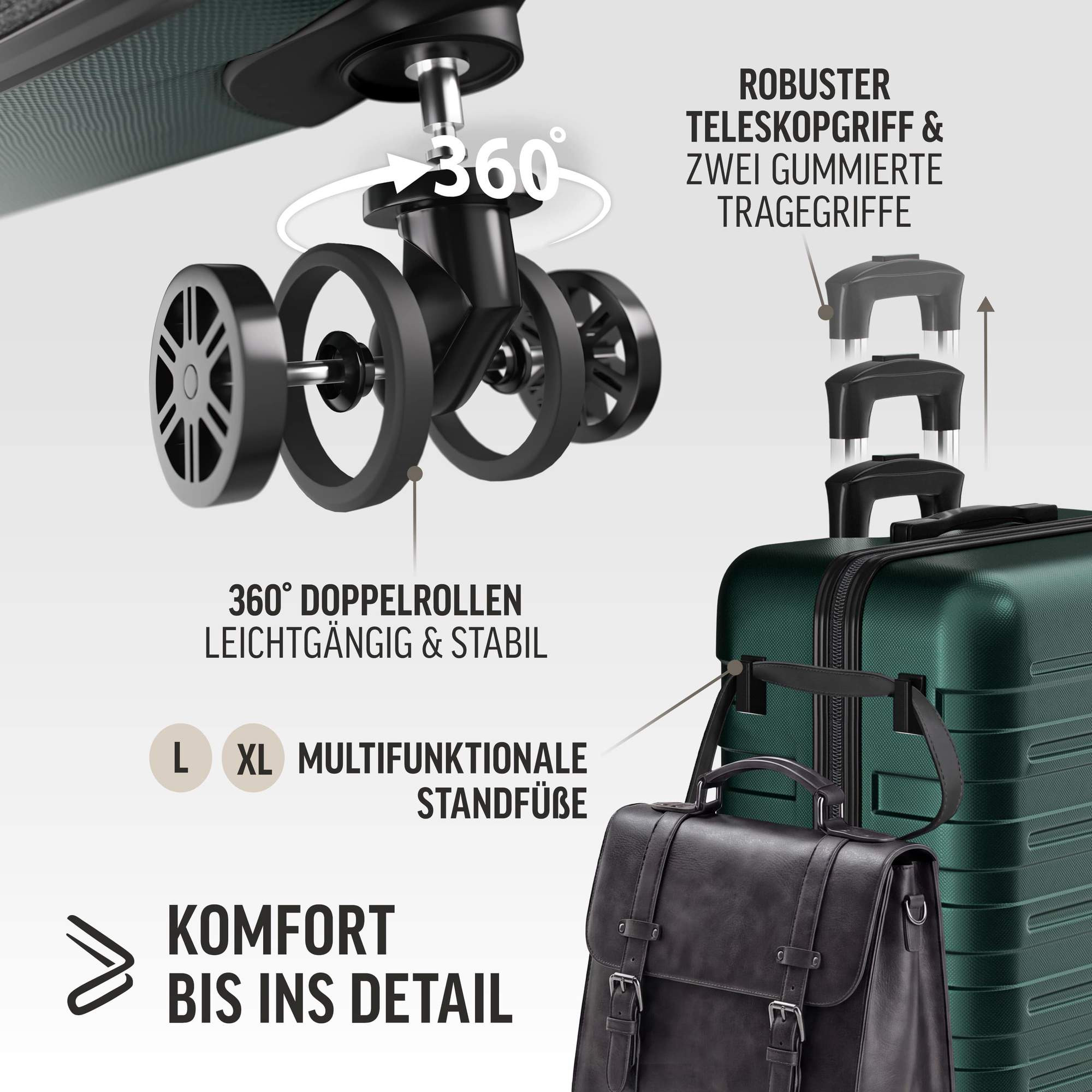 Ensemble de 3 valises rigides vertes à roulettes multidirectionnelles