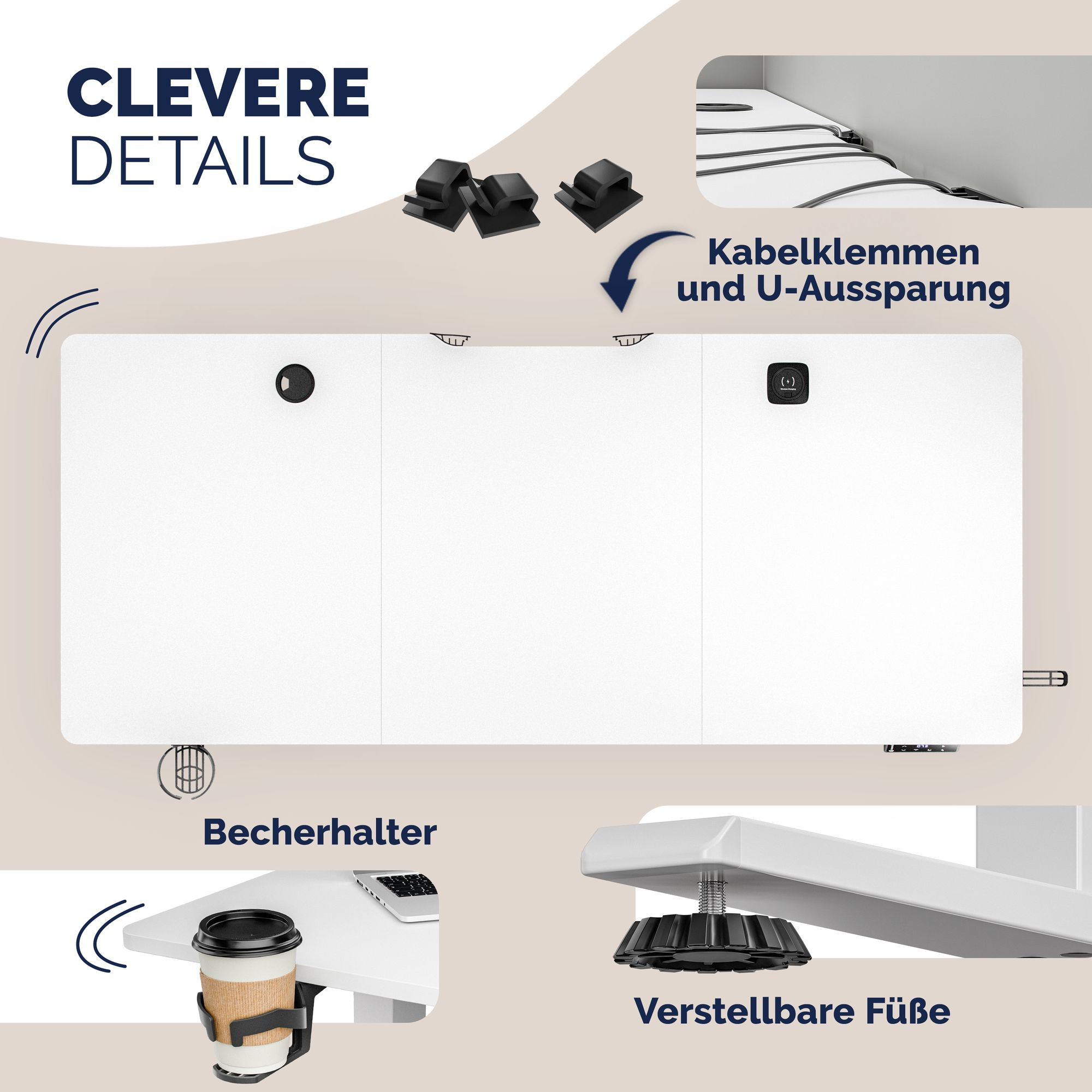 Height-Adjustable Desk, White, 120x60 cm, USB Ports