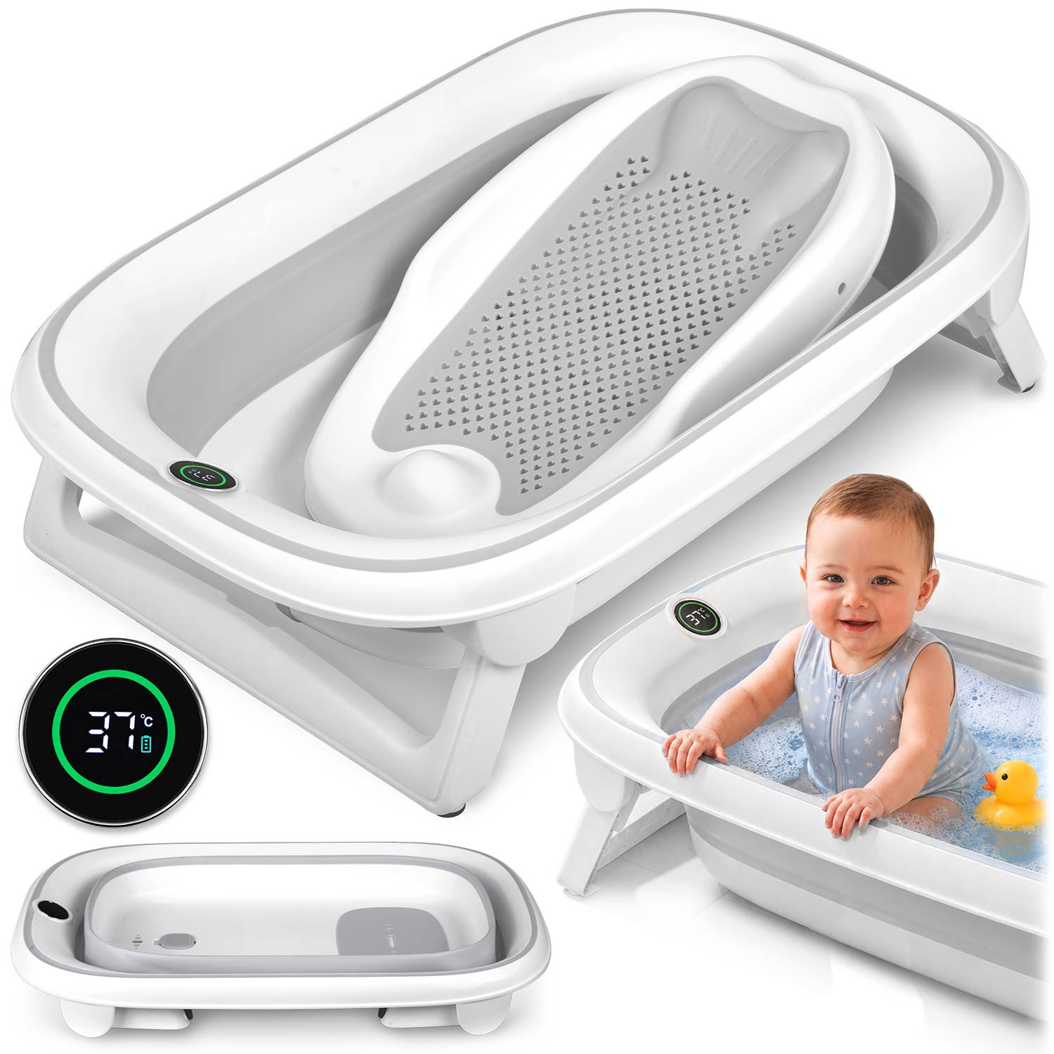 Foldable Baby Bath with Thermometer & Insert, White-Grey