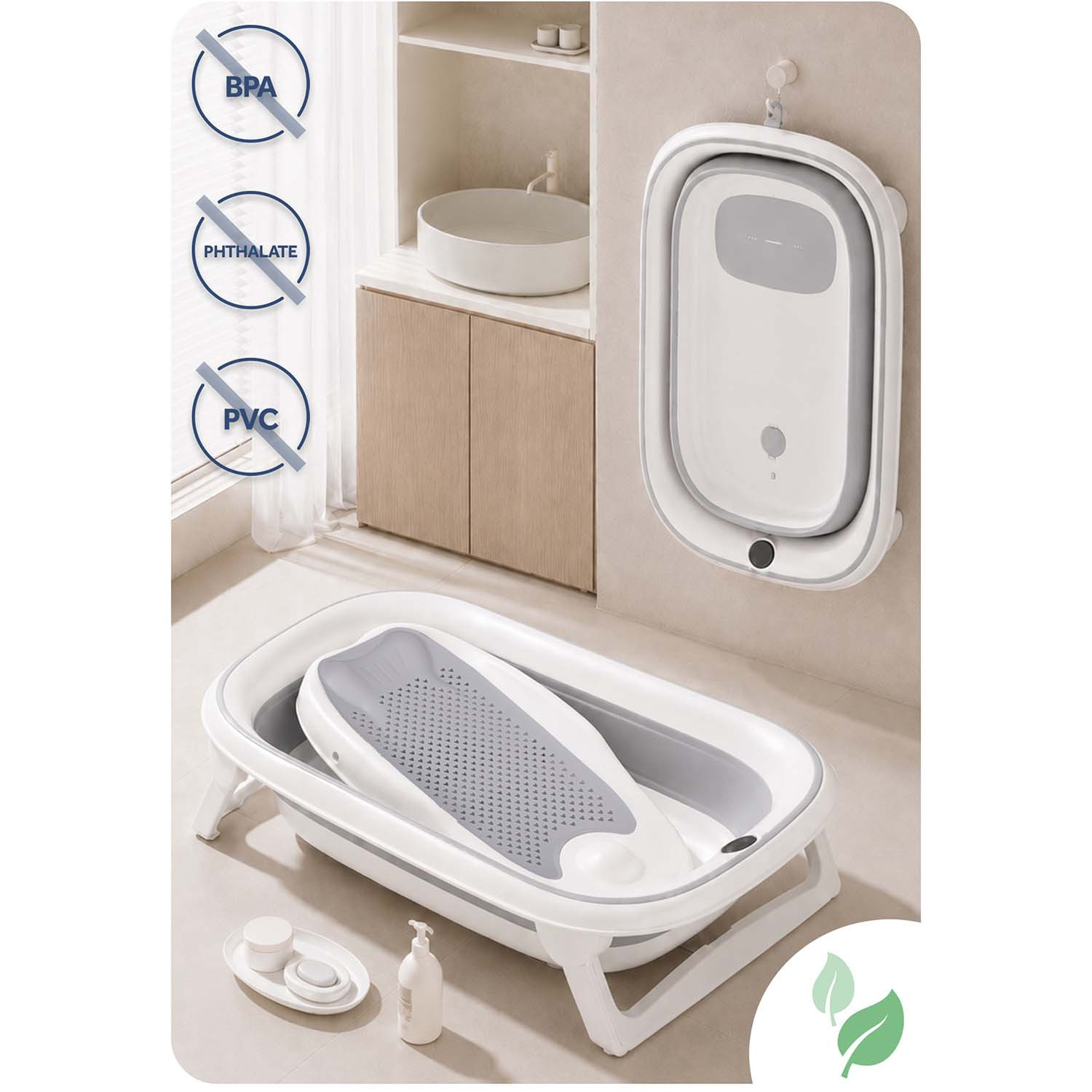 Foldable Baby Bath with Thermometer & Insert, White-Grey