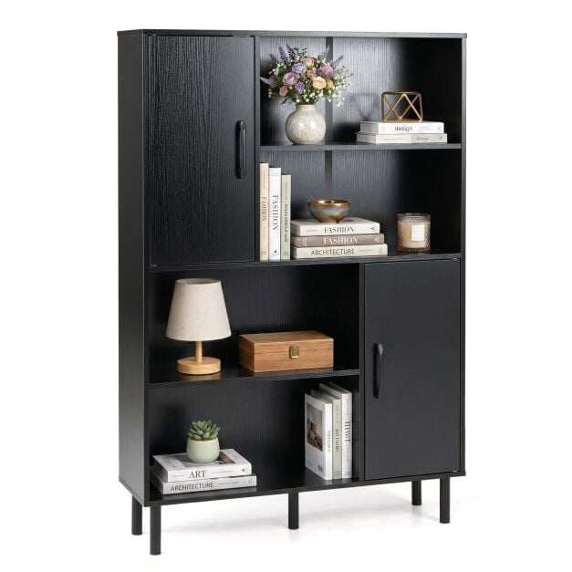 Credenza nera con 4 ripiani e 2 ante