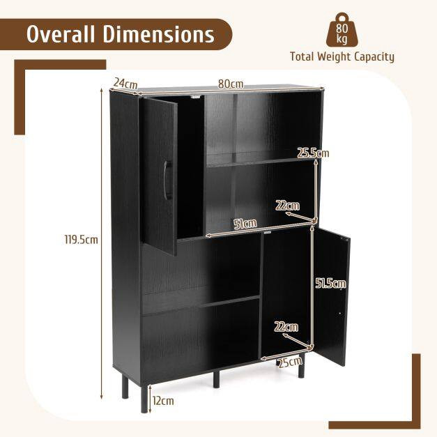Credenza nera con 4 ripiani e 2 ante