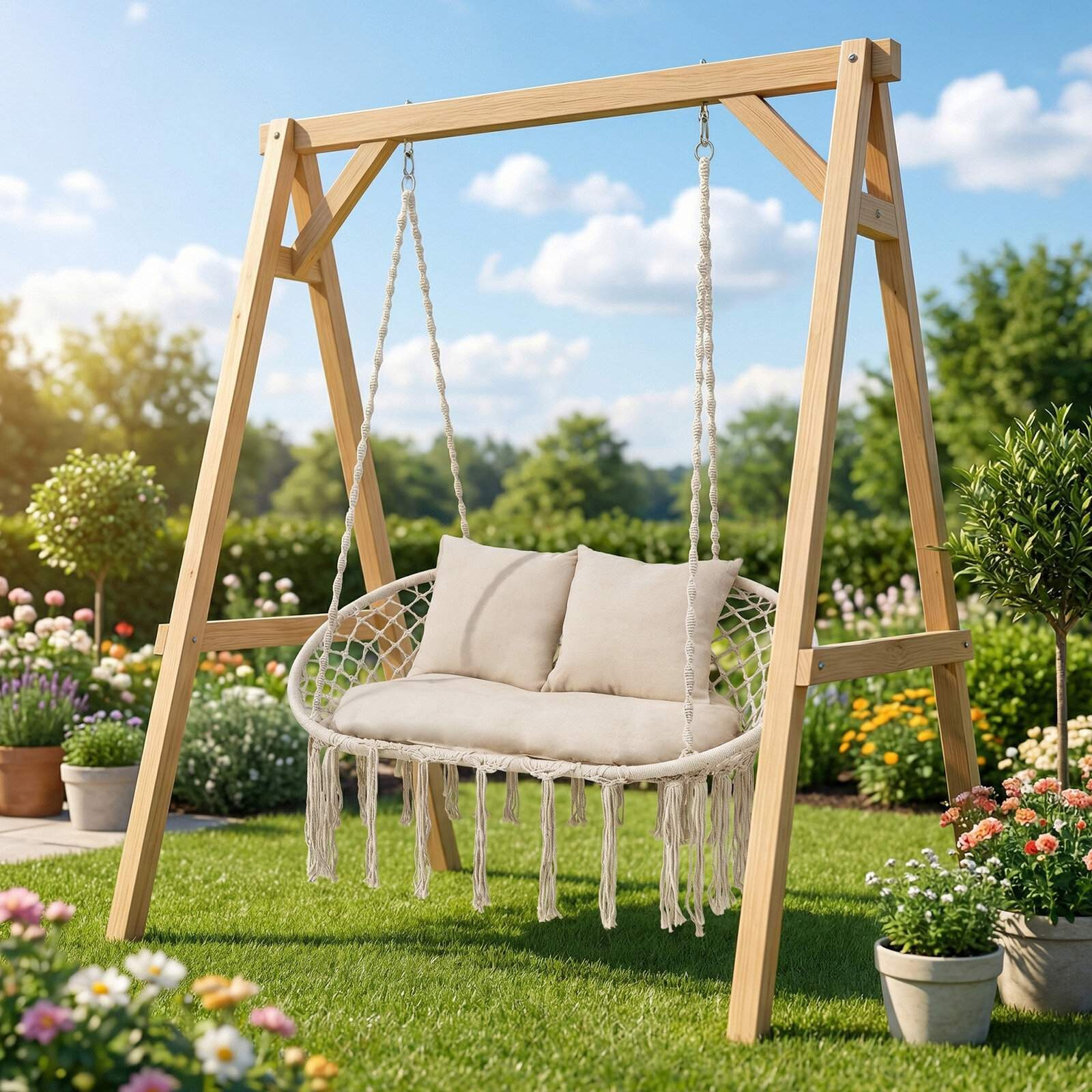 Sedia sospesa boho a 2 posti con cuscini, beige