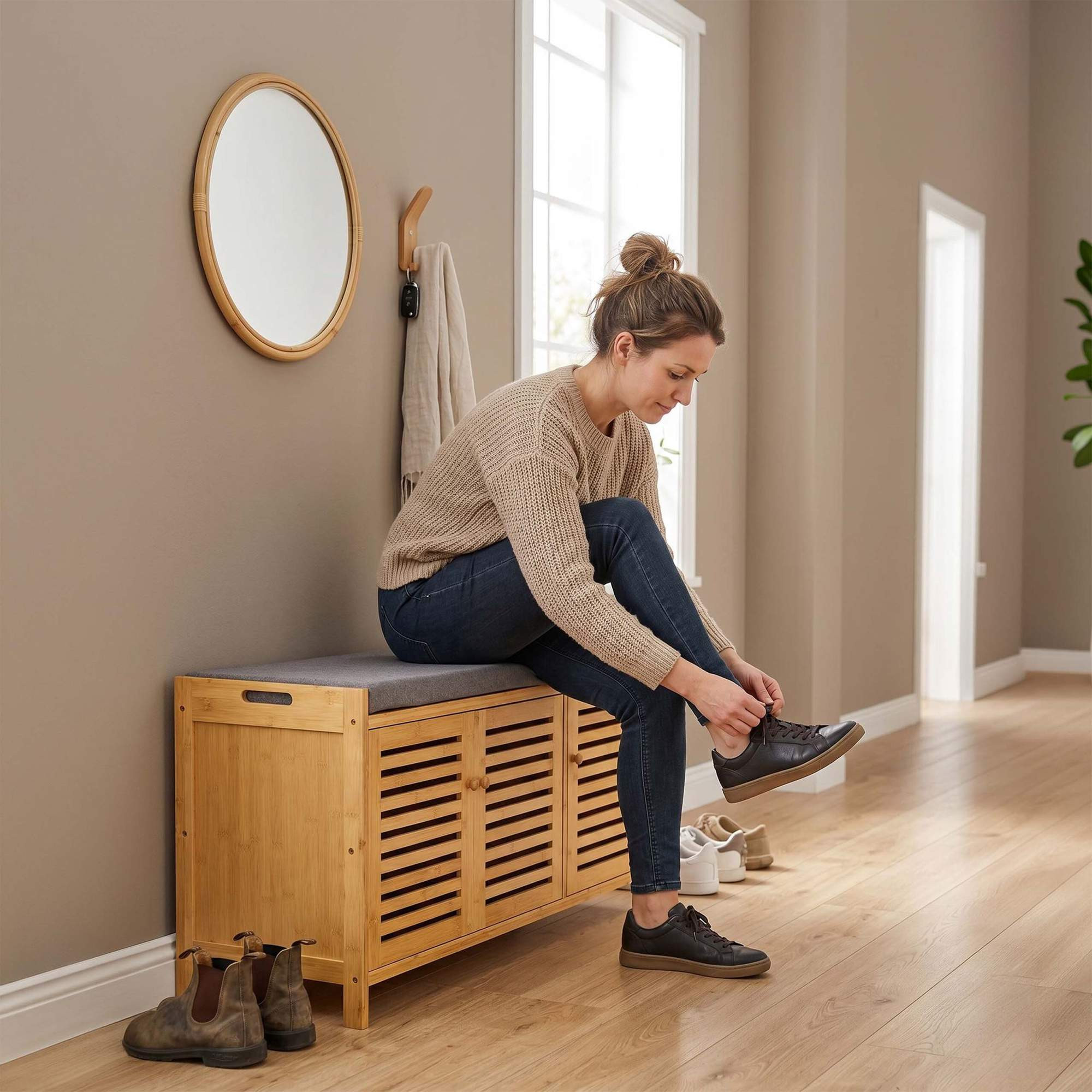 Banco de bambu para sapatos com assento acolchoado e 3 compartimentos.