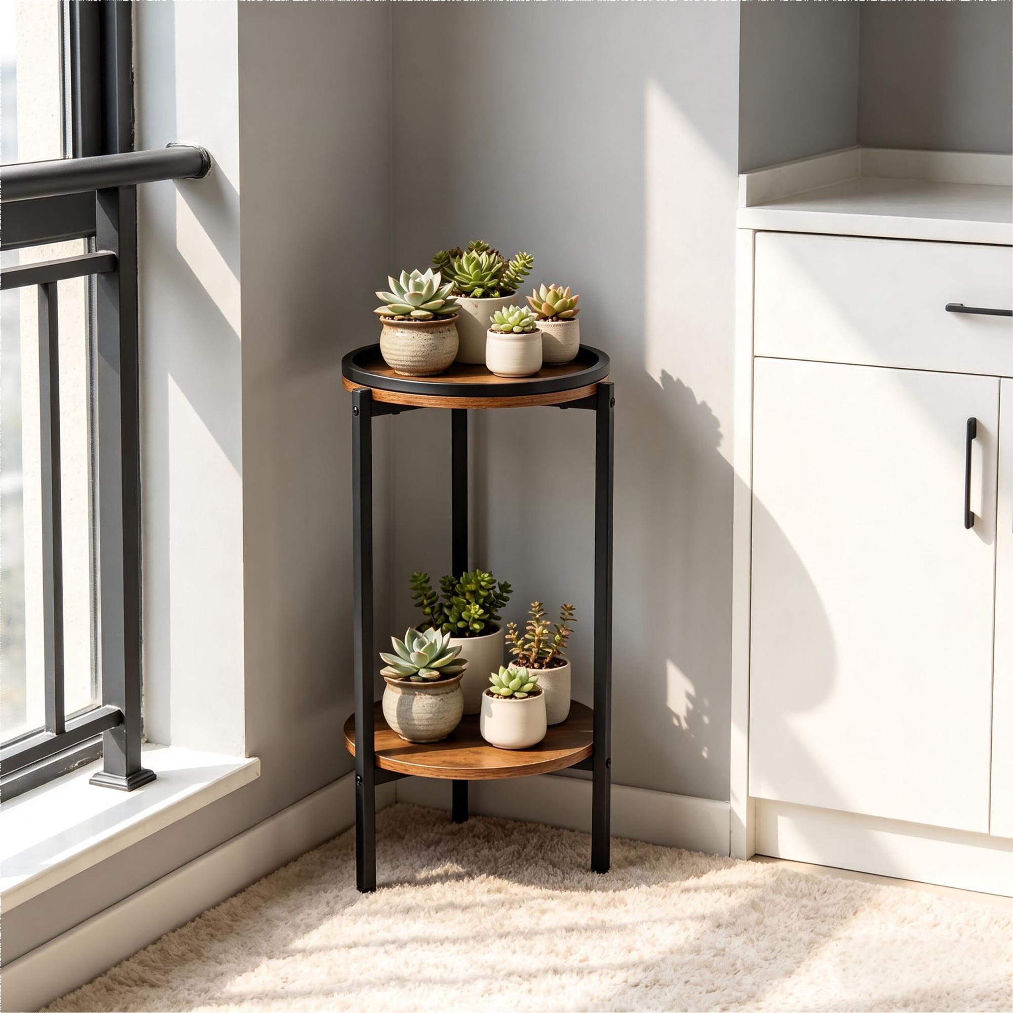 Mesa lateral com efeito madeira e 2 prateleiras – Marrom