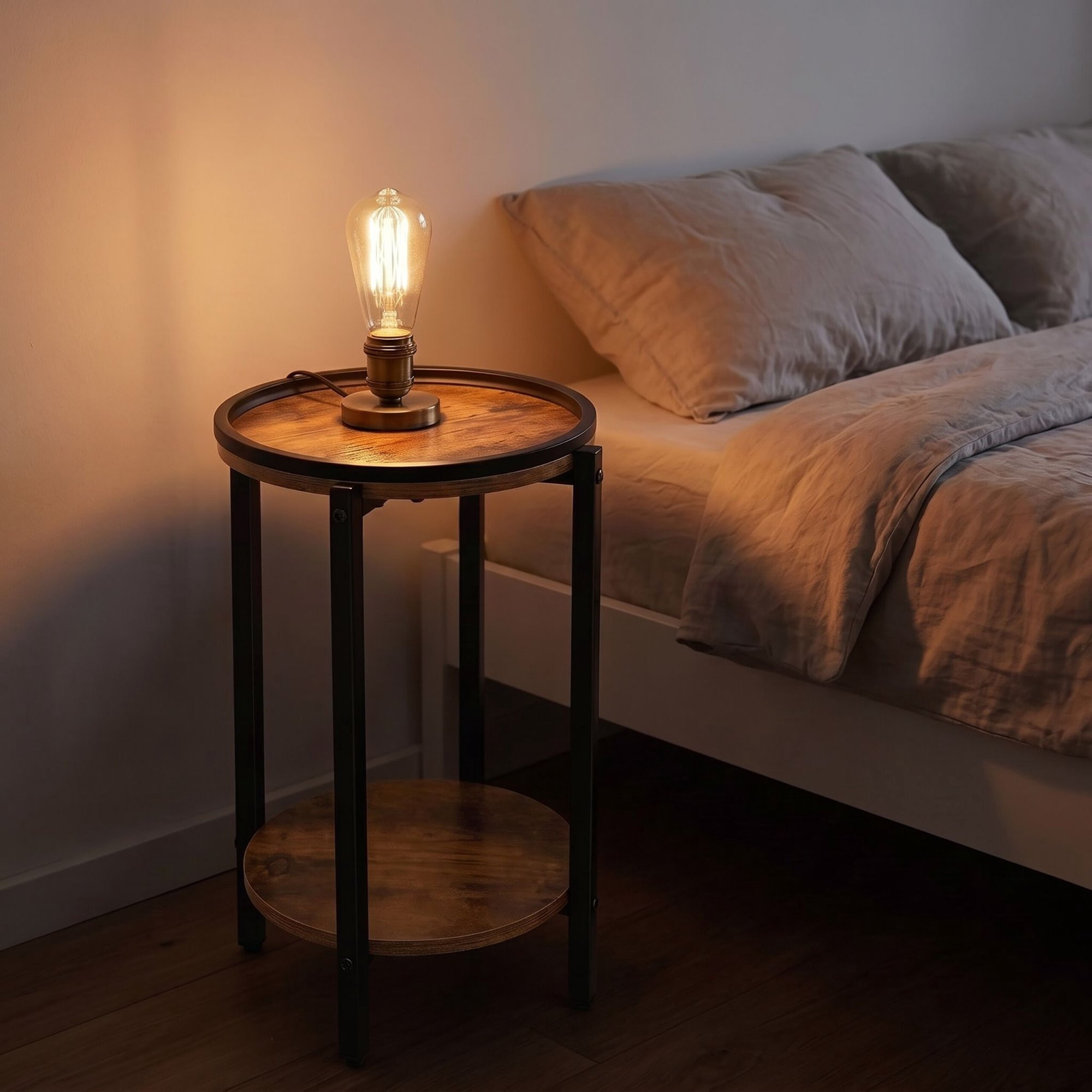 Mesa lateral com efeito madeira e 2 prateleiras – Marrom