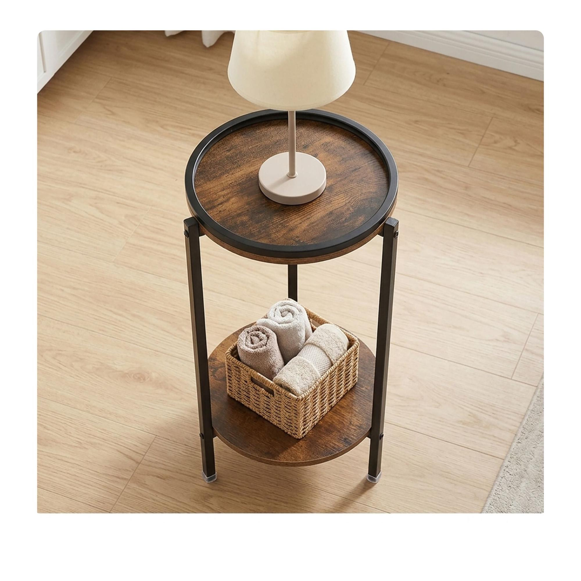 Mesa lateral com efeito madeira e 2 prateleiras – Marrom