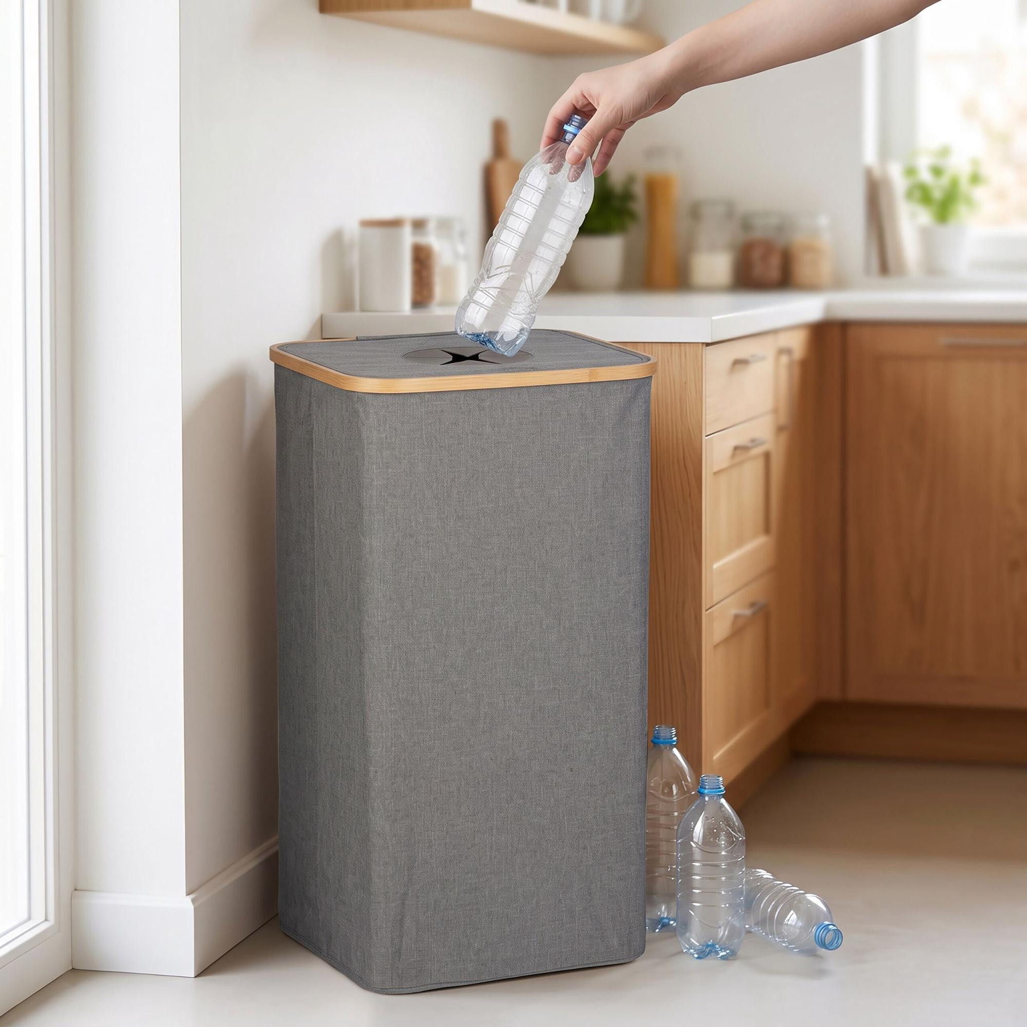 Flessenstatiegeldbak, 100 liter – Grijs, bamboe en polyester