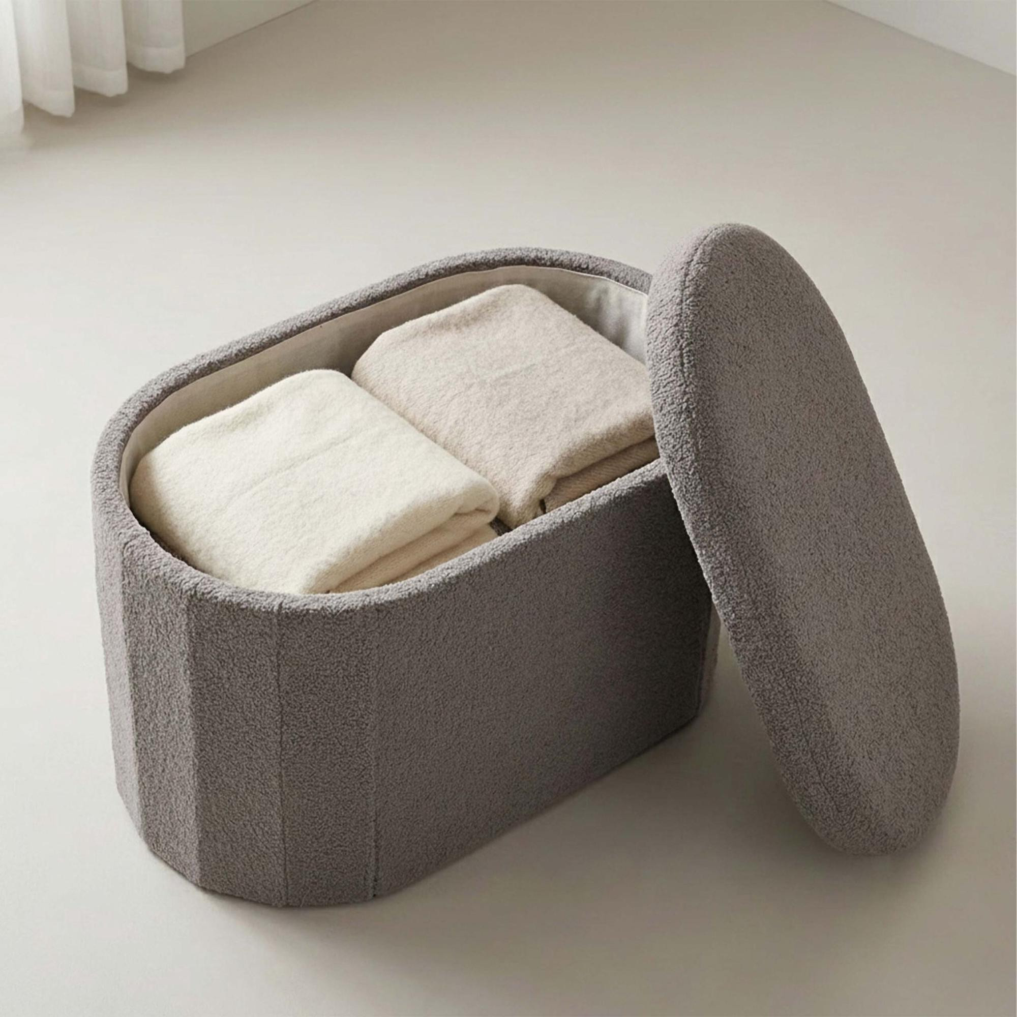 Dark Gray Teddy Fabric Storage Bench, Oval Shape