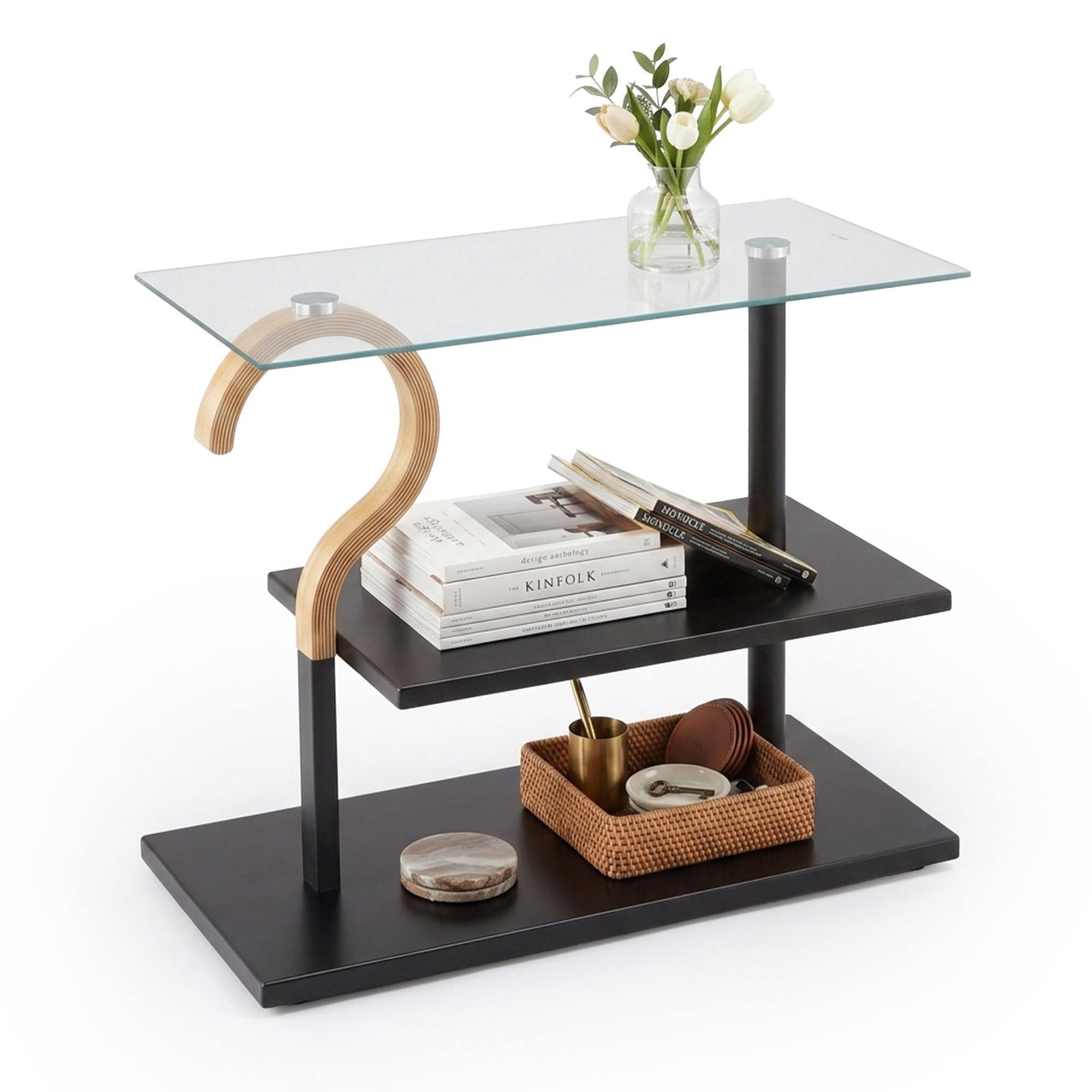 Mesa de centro rectangular con estante de cristal y estructura negra.
