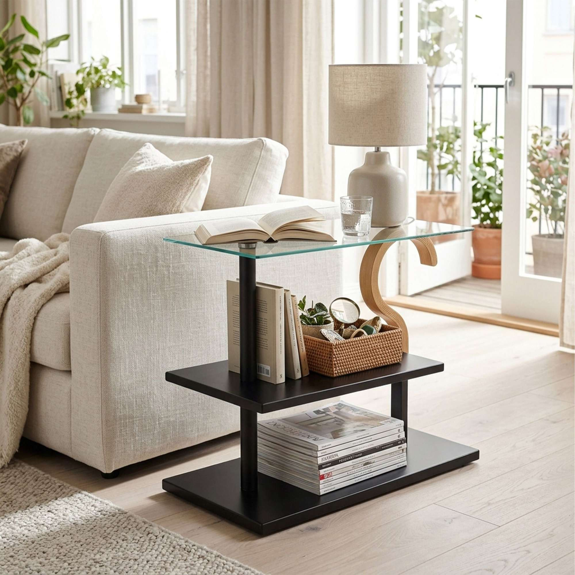 Mesa de centro rectangular con estante de cristal y estructura negra.