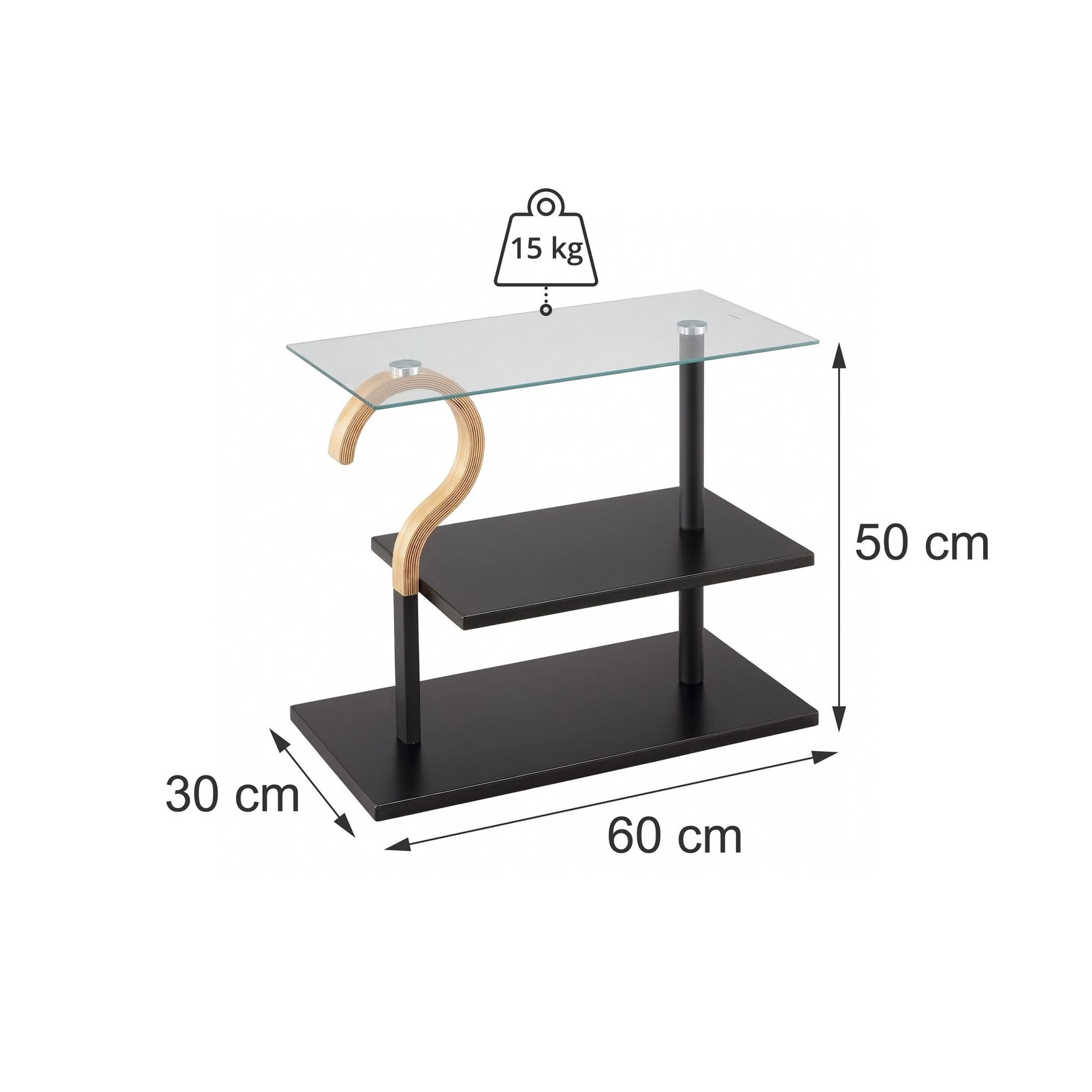 Mesa de centro retangular com prateleira de vidro e estrutura preta.