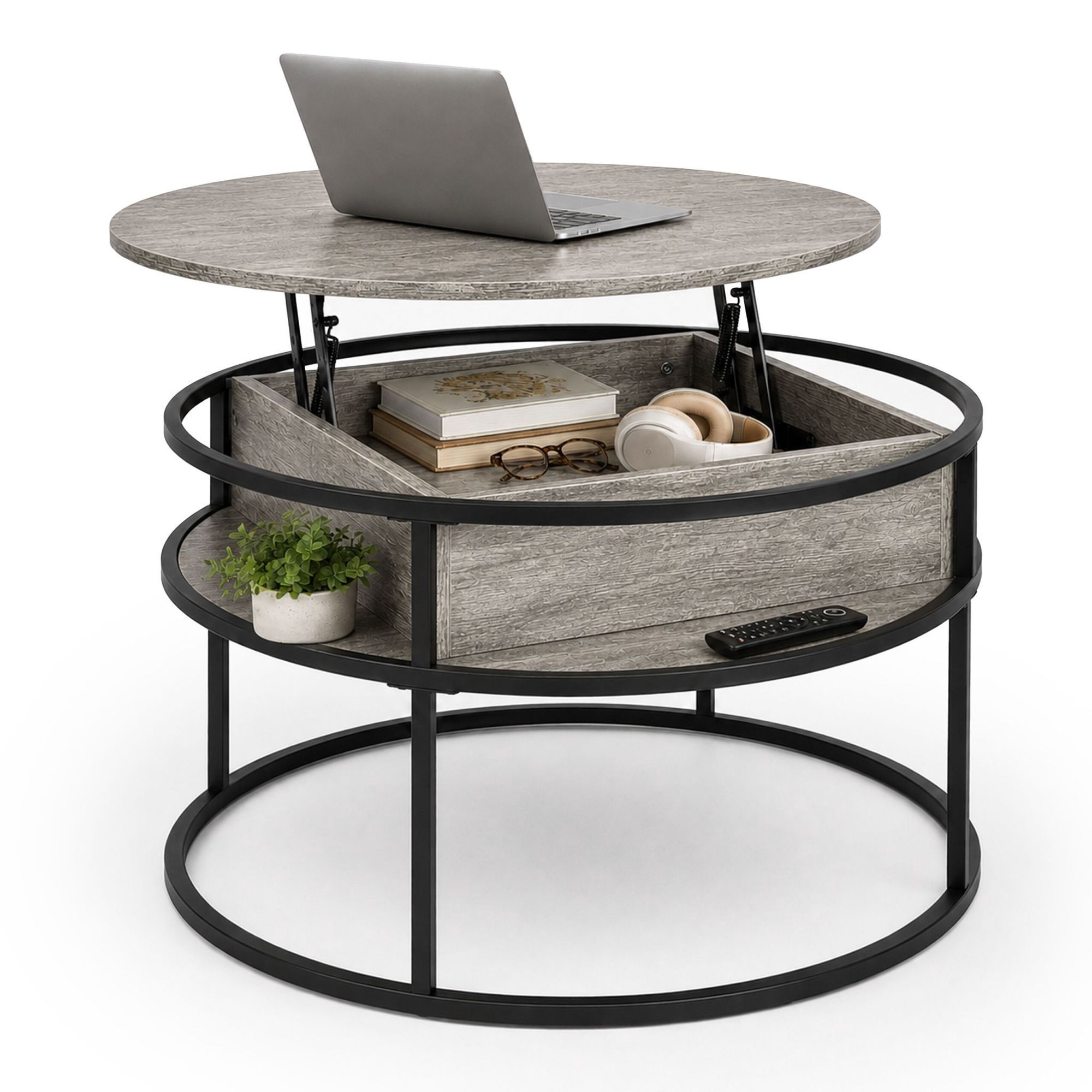 Mesa de centro elevable con espacio de almacenamiento y acabado efe...