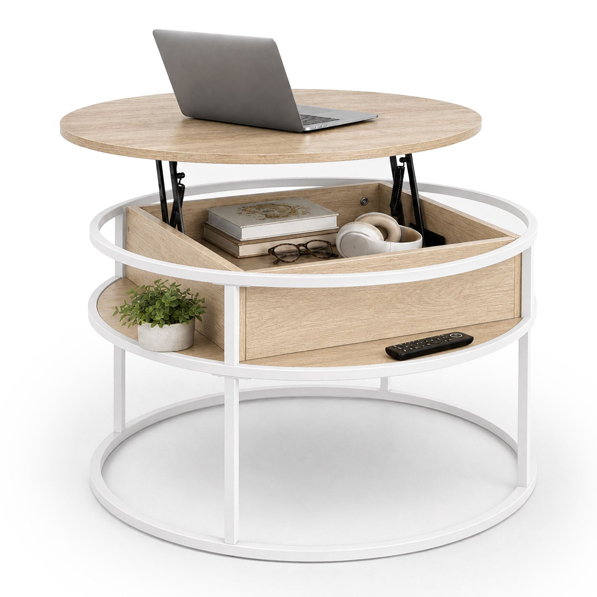 Table basse relevable avec rangement, blanc-beige