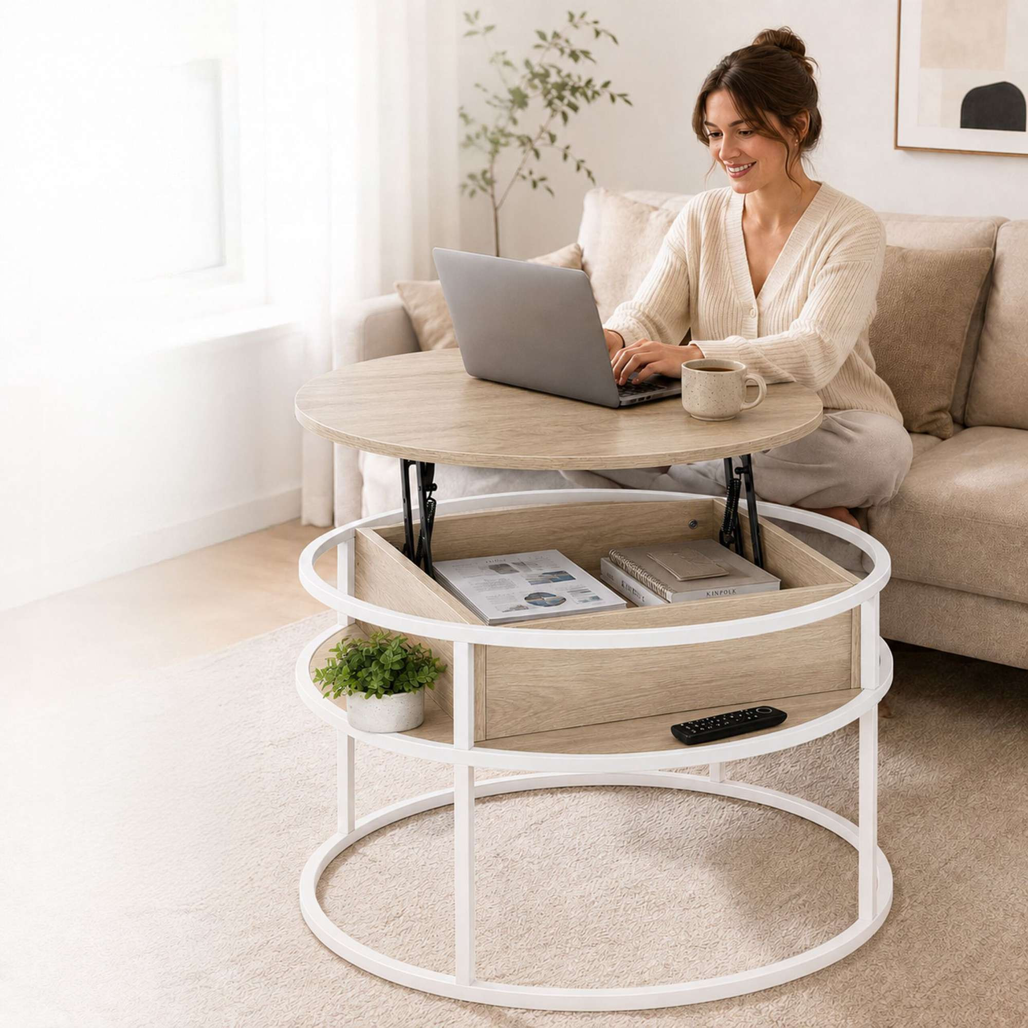 Table basse relevable avec rangement, blanc-beige