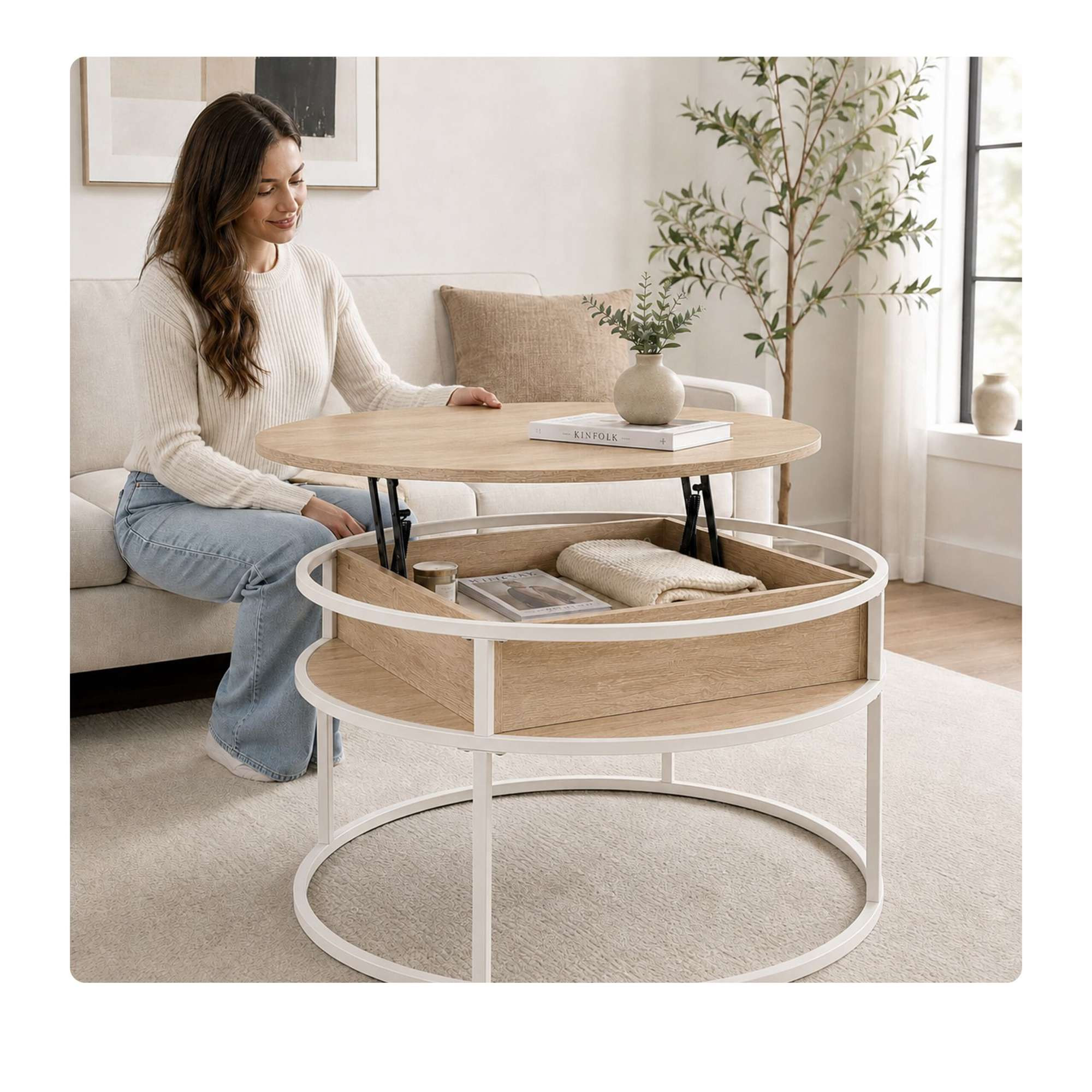 Table basse relevable avec rangement, blanc-beige