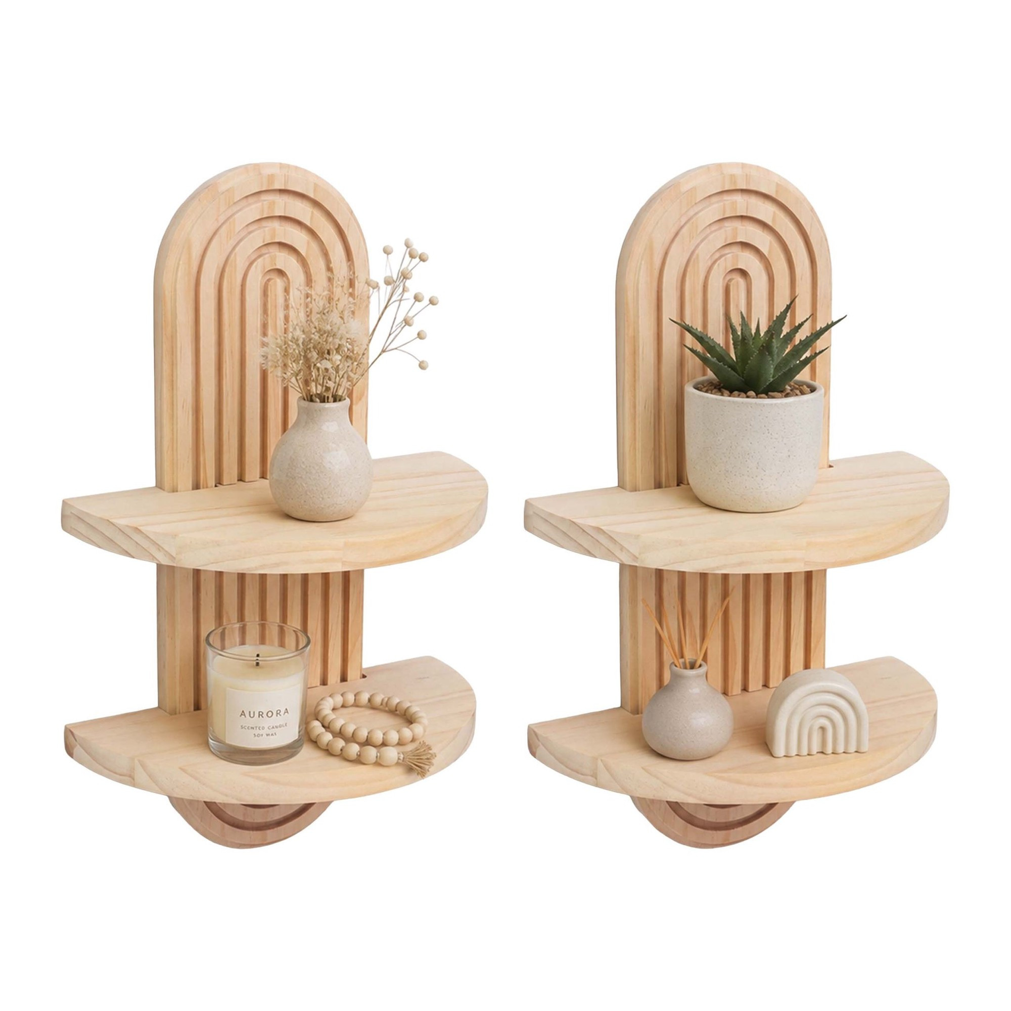 Boho Floating Wall Shelves, 2pc Set – Pine, Light Brown