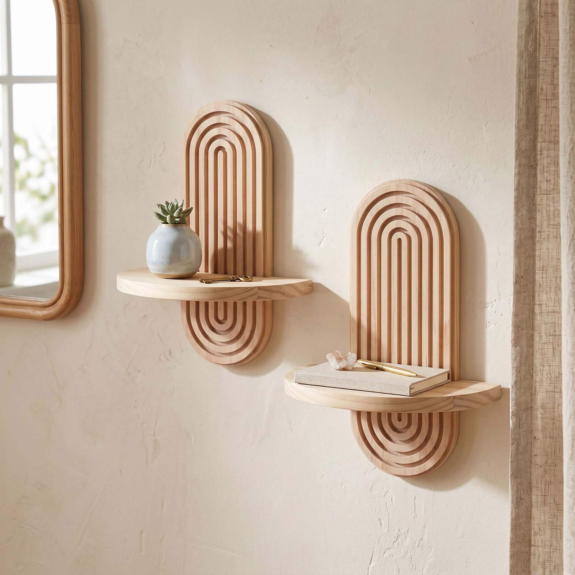 Boho Floating Wall Shelf Set, 2pc Pine, White/Brown