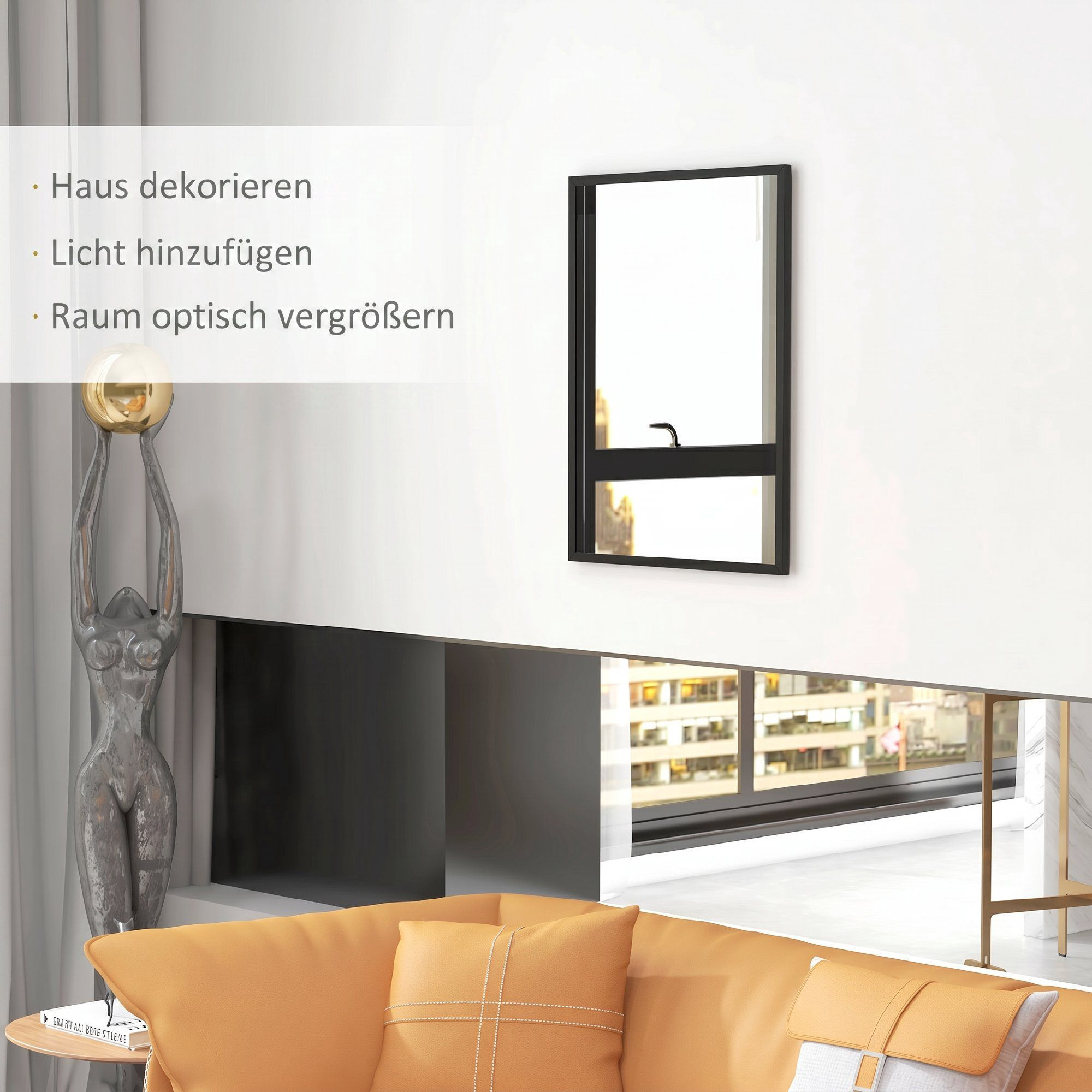 Espejo de pared rectangular, 60x80 cm, marco de MDF negro.