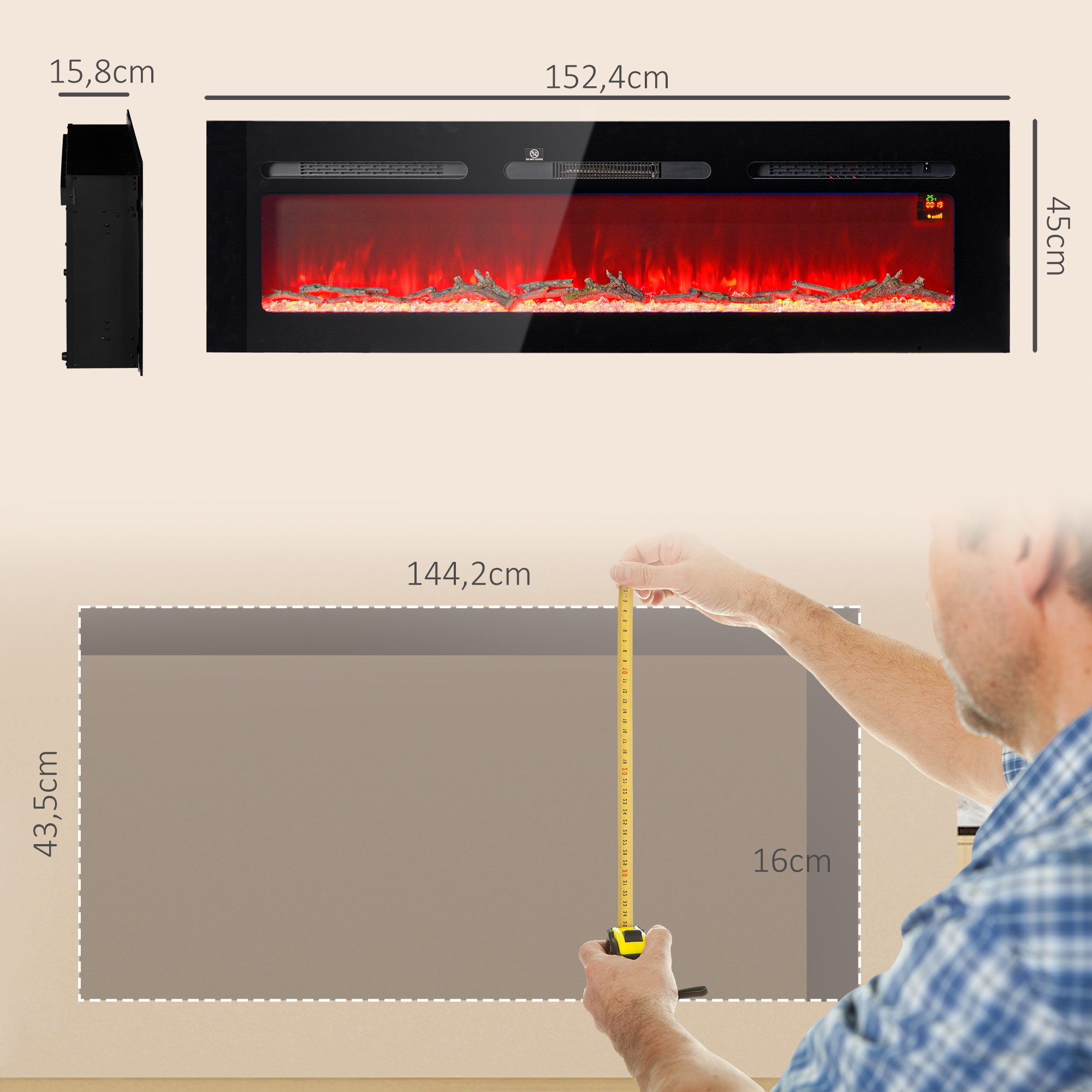 Cheminée électrique murale, 1800 W, avec télécommande