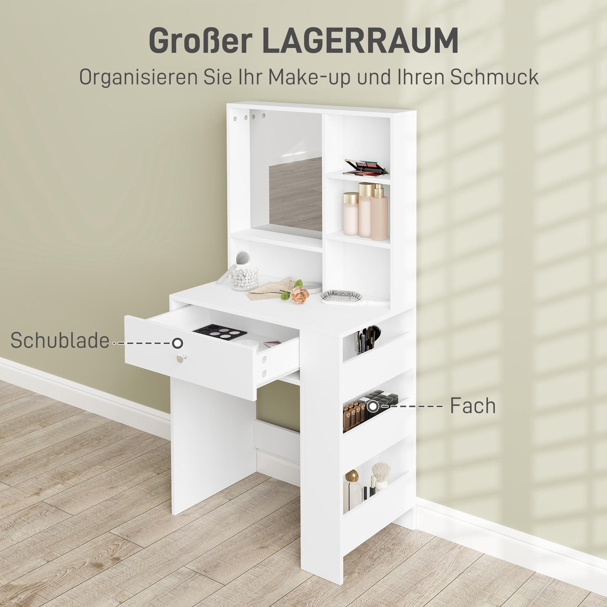 Schminktisch mit Spiegel, Schublade, weiße Spanplatte