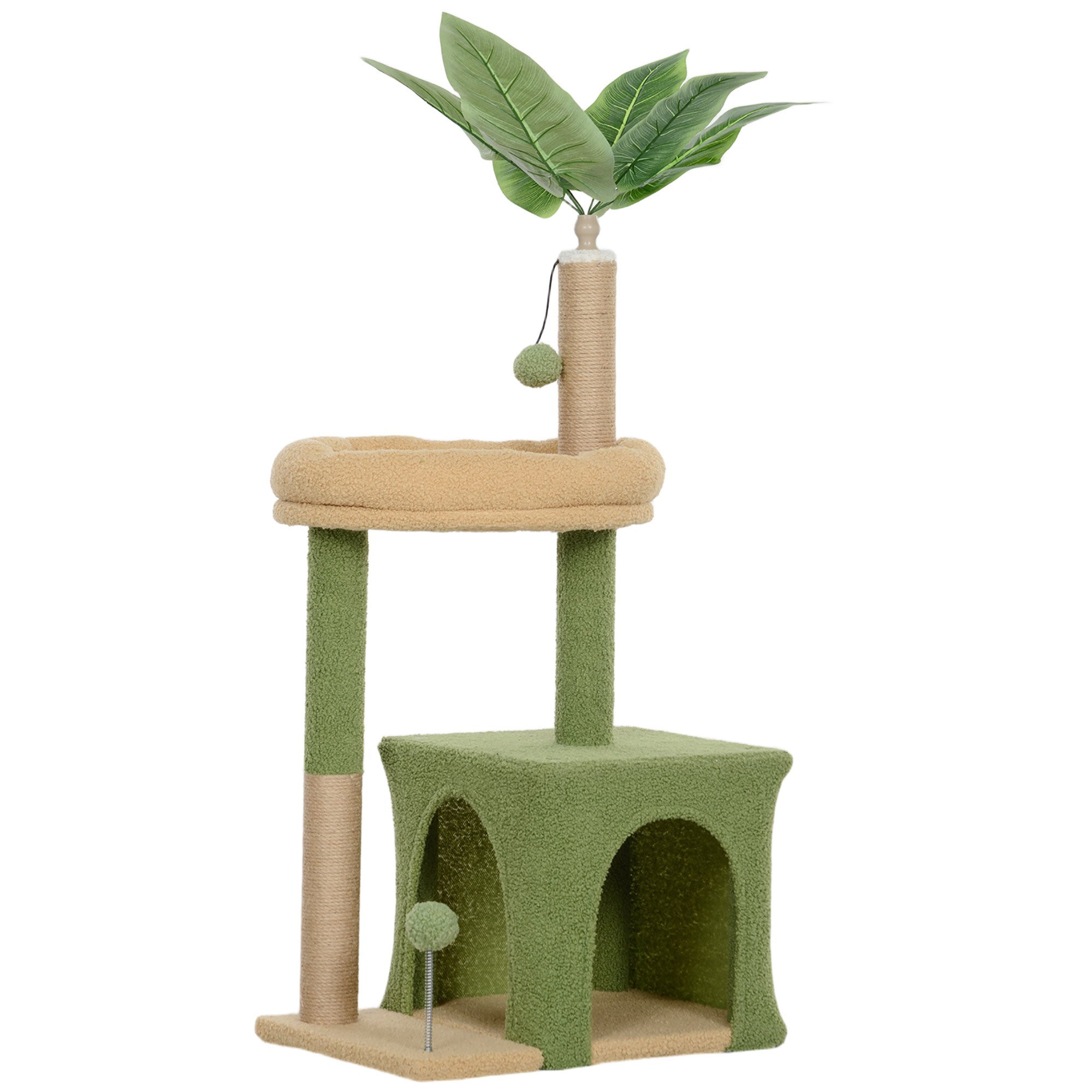 Cat Tree with Cave, Bed & Jute Posts – 98 cm, Leaf Design
