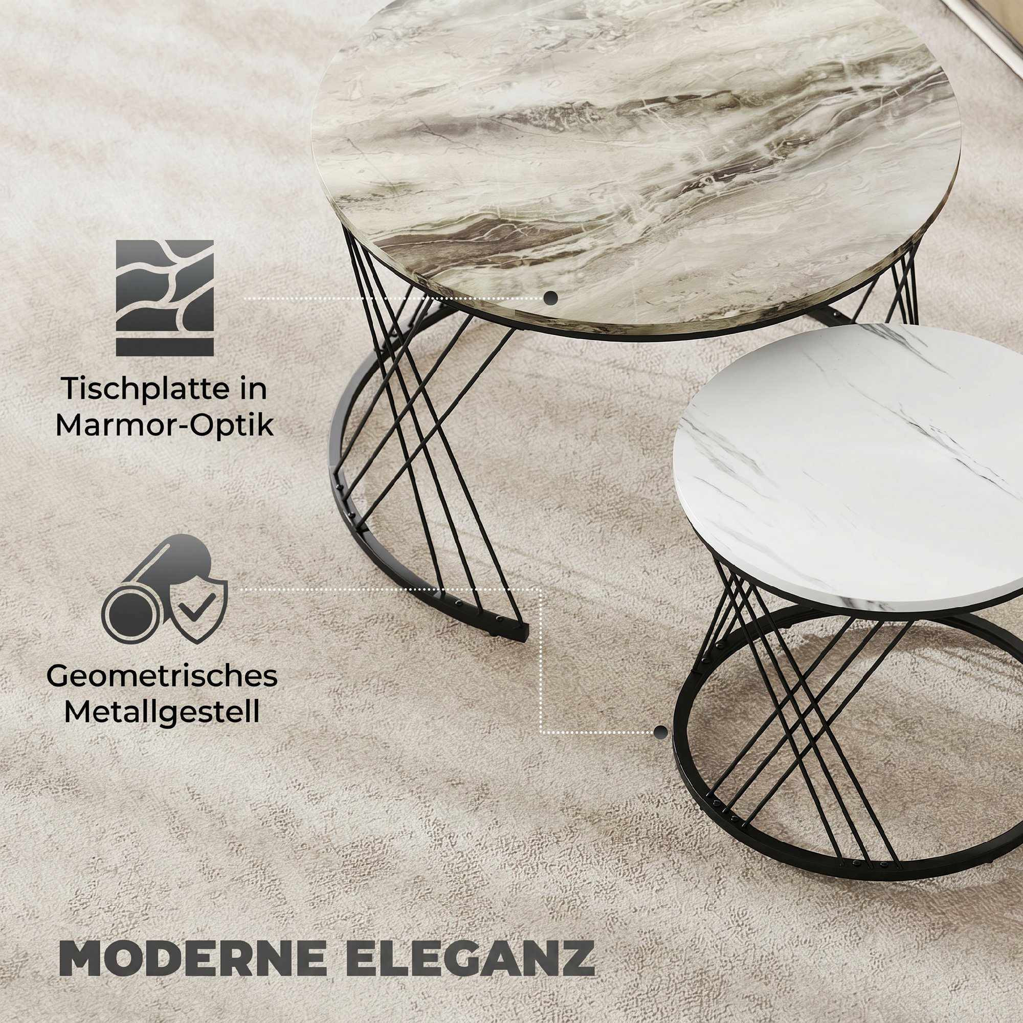 Round Nesting Coffee Tables Set – Marble Look, Grey & White