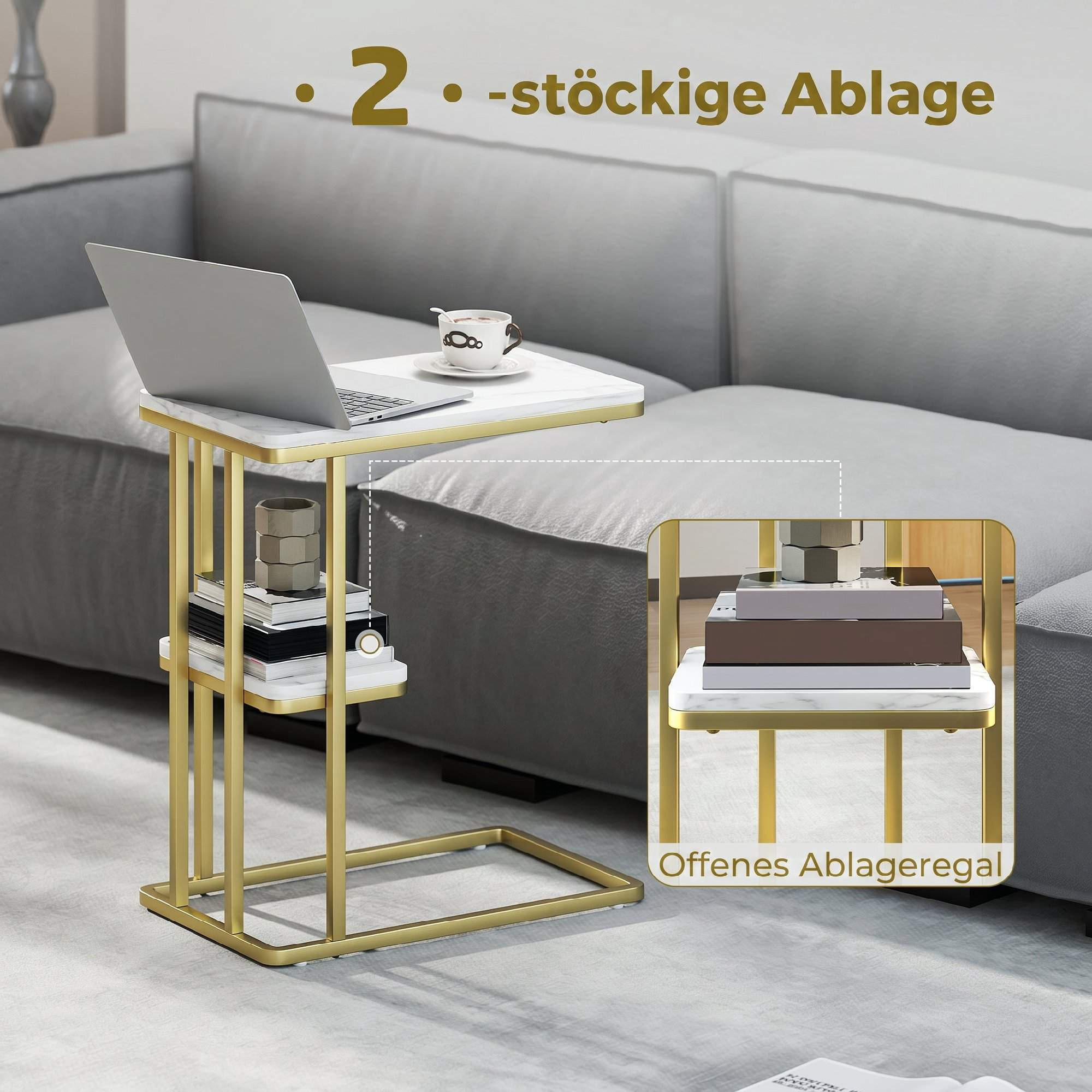 C-Shaped Side Table with Storage, Marble Look, Gold Frame