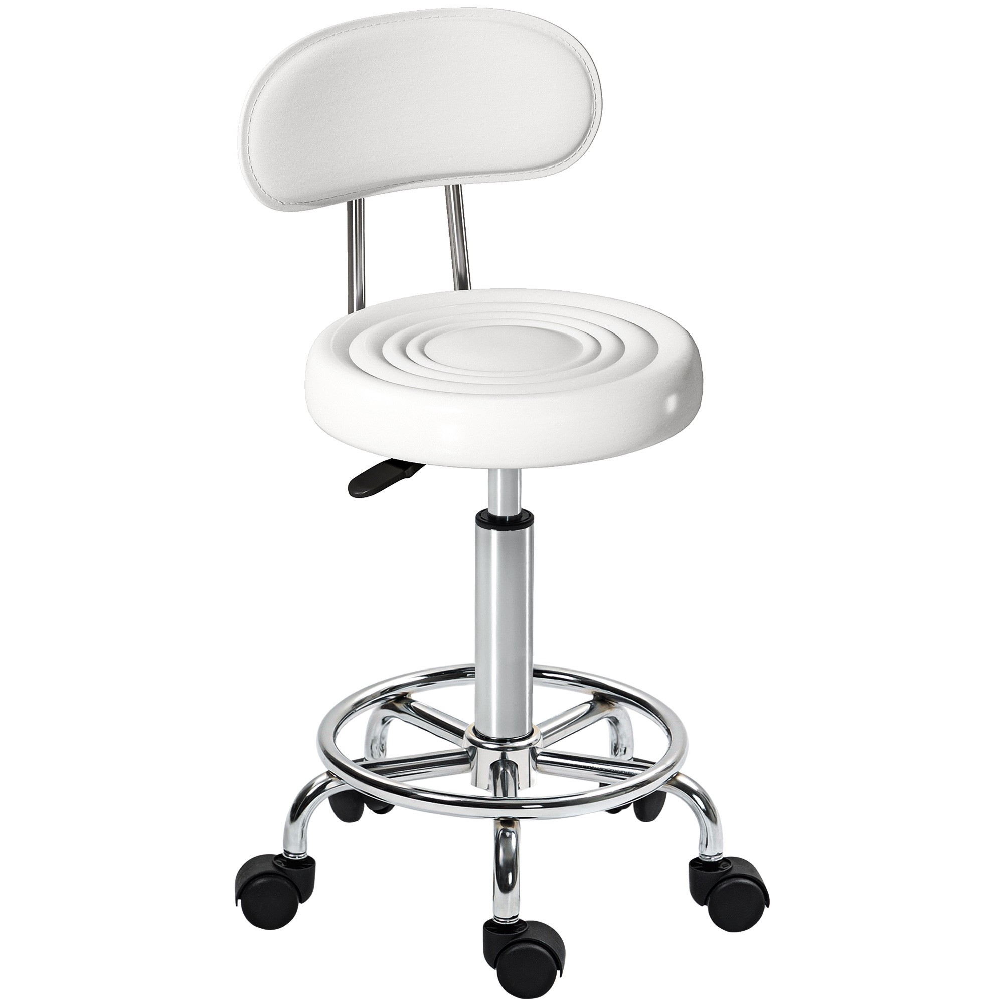 Adjustable White Rolling Stool with Backrest and Footrest