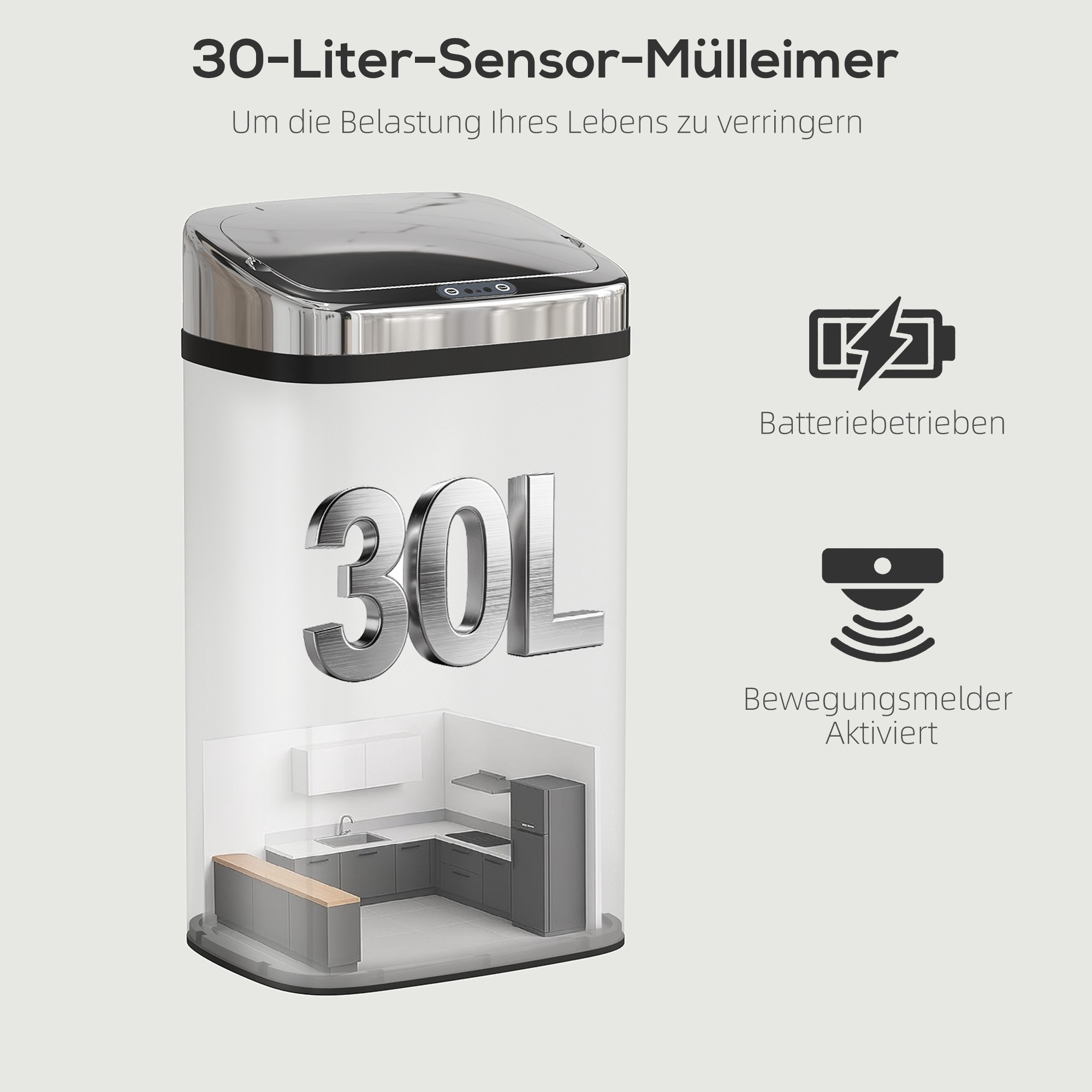 Automatic Sensor Trash Can, 30L Stainless Steel