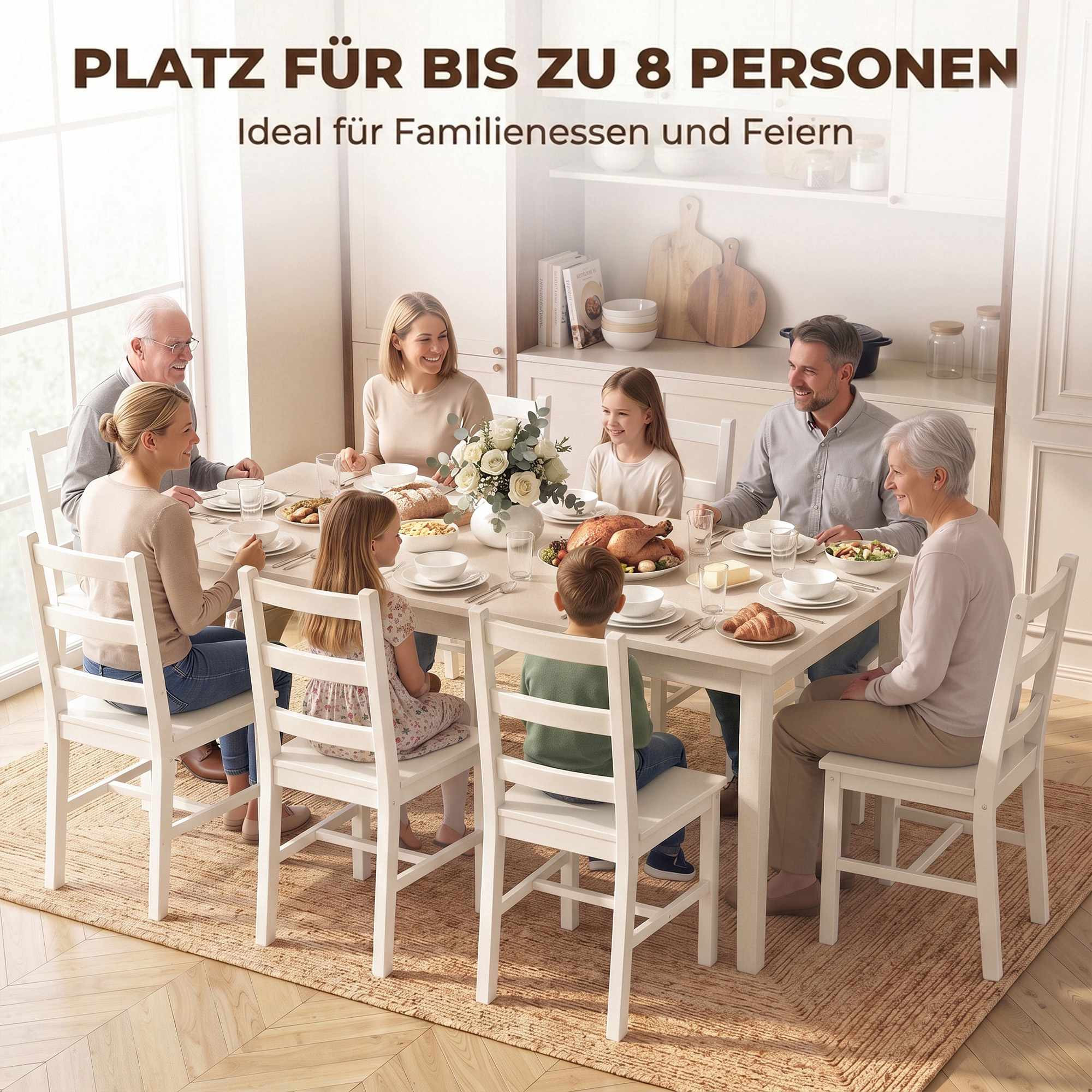 Dining Table for 8, Modern Design, Solid Wood Legs, Cream