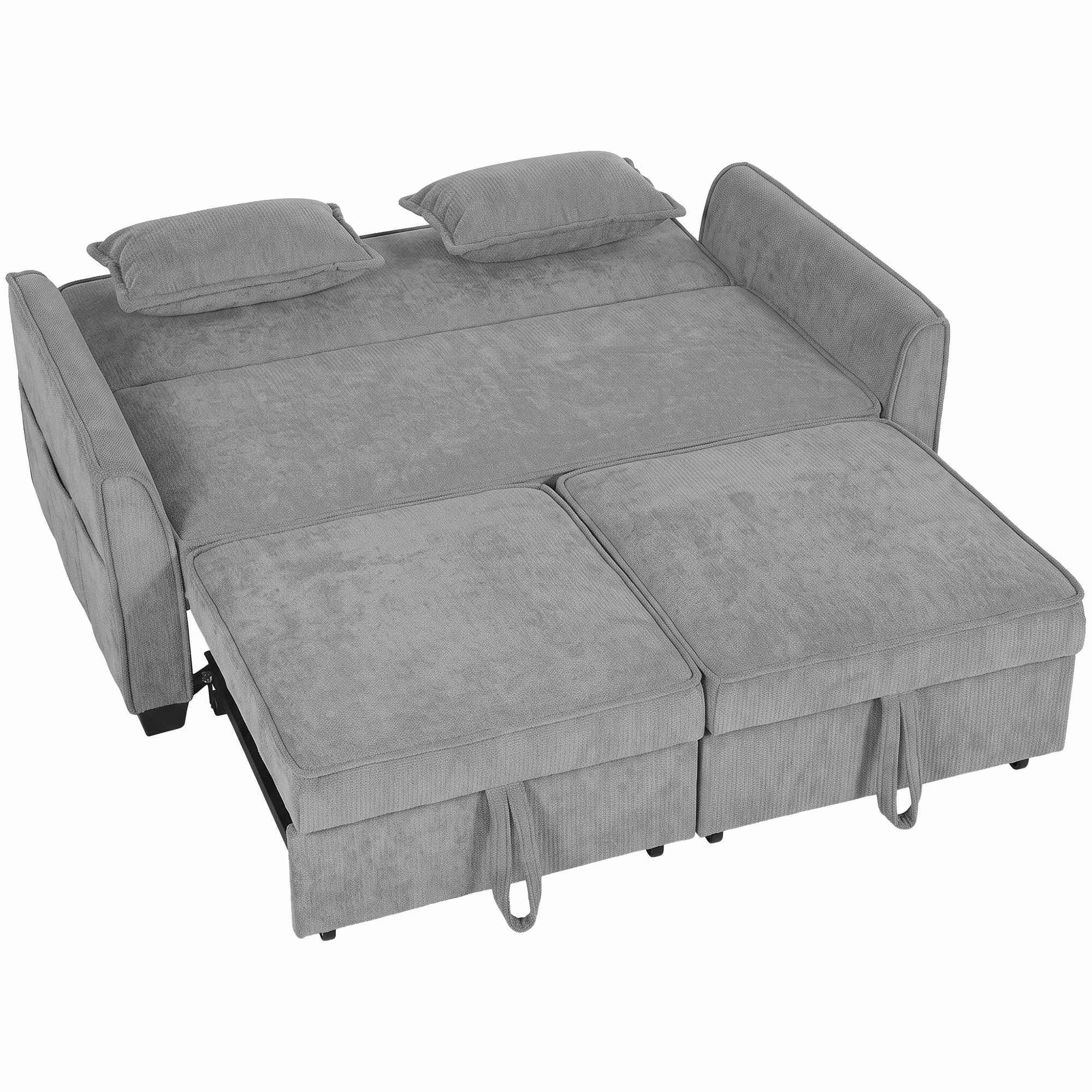 Sofá-cama 4 em 1 cinza com encosto ajustável e bolsos.