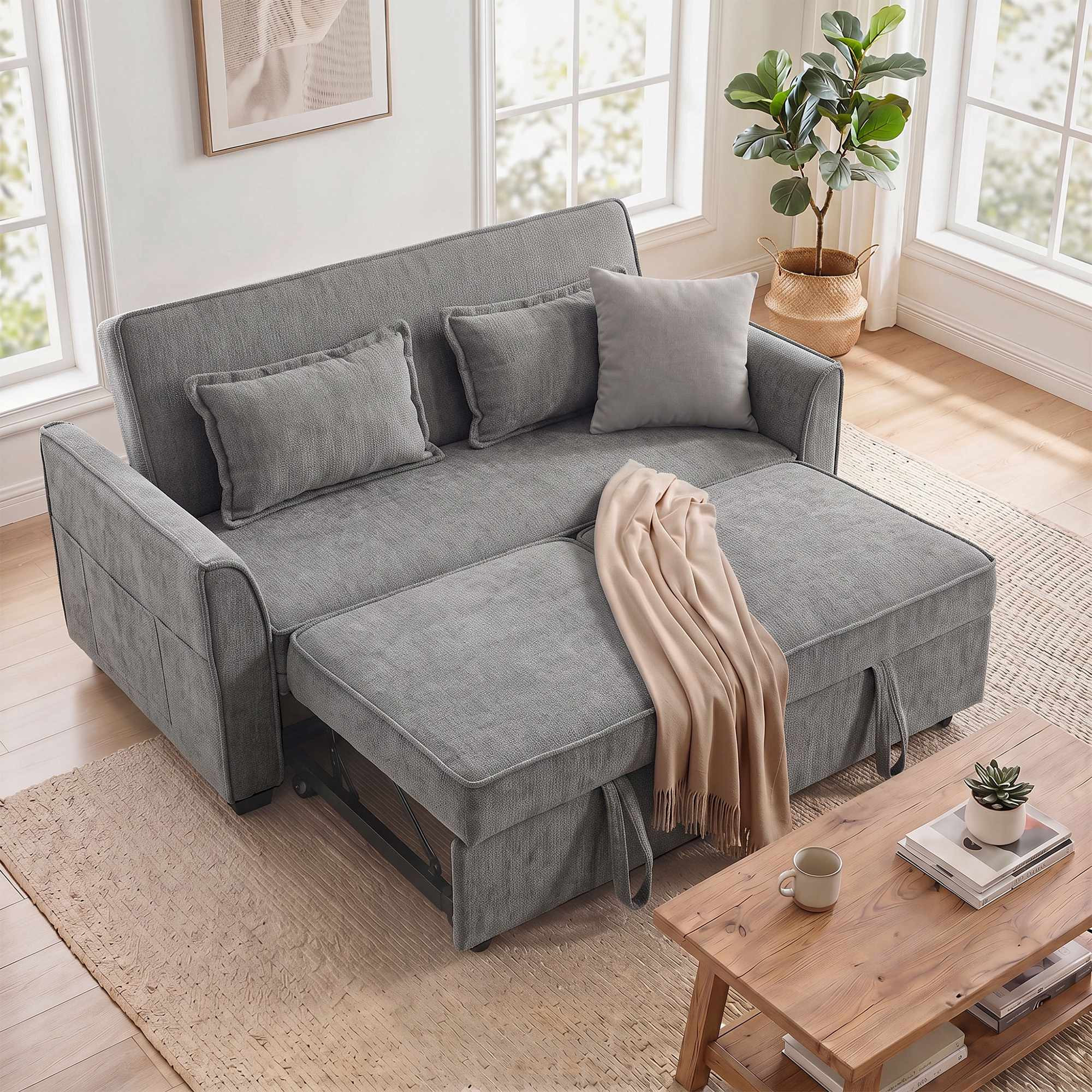 Sofá-cama 4 em 1 cinza com encosto ajustável e bolsos.