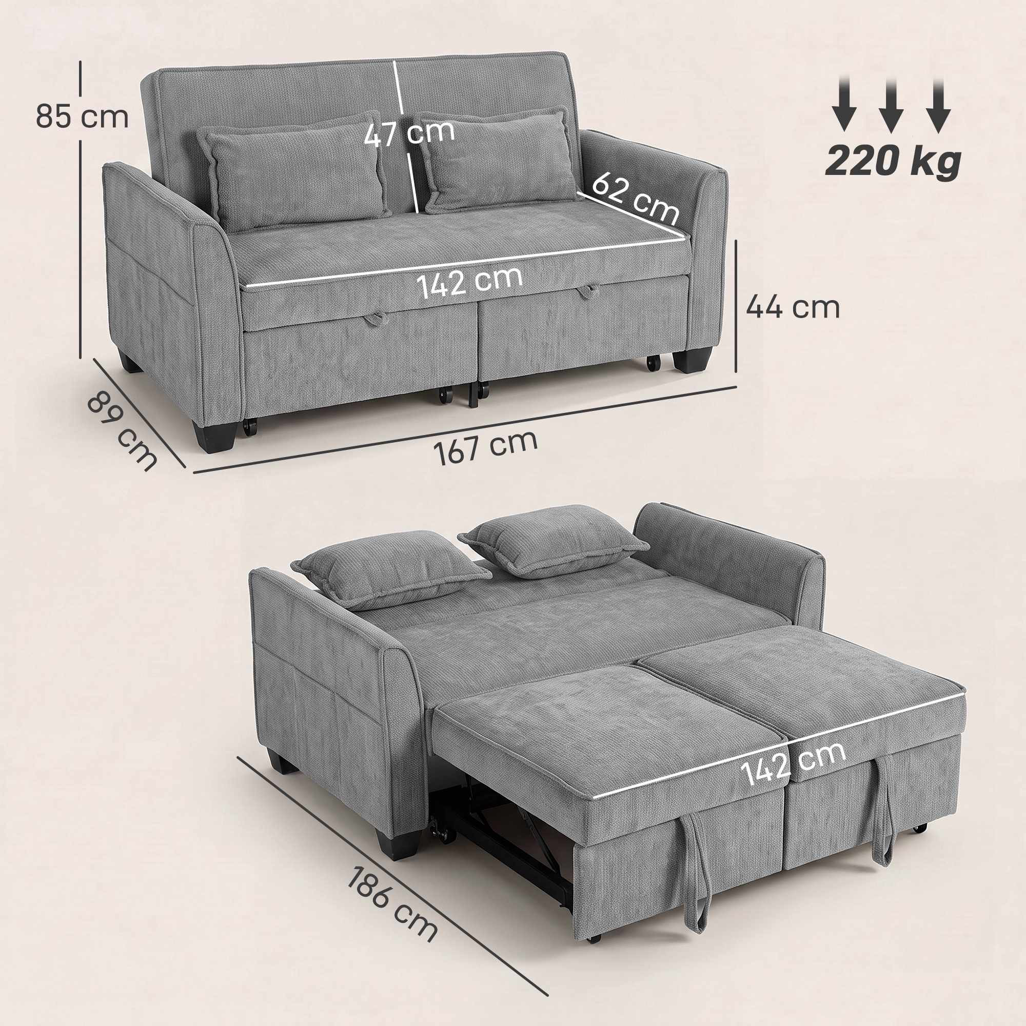 Sofá-cama 4 em 1 cinza com encosto ajustável e bolsos.