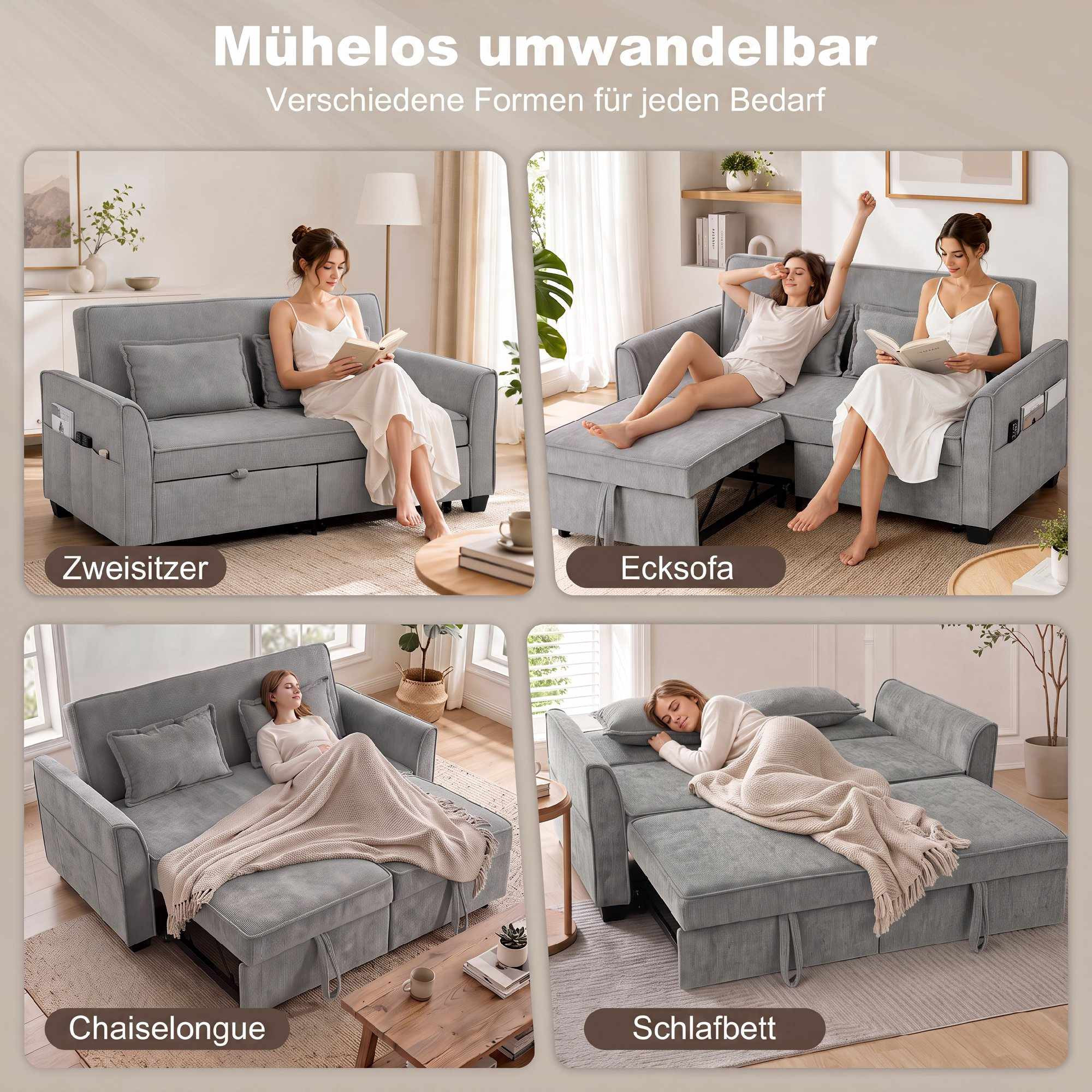 Sofá-cama 4 em 1 cinza com encosto ajustável e bolsos.