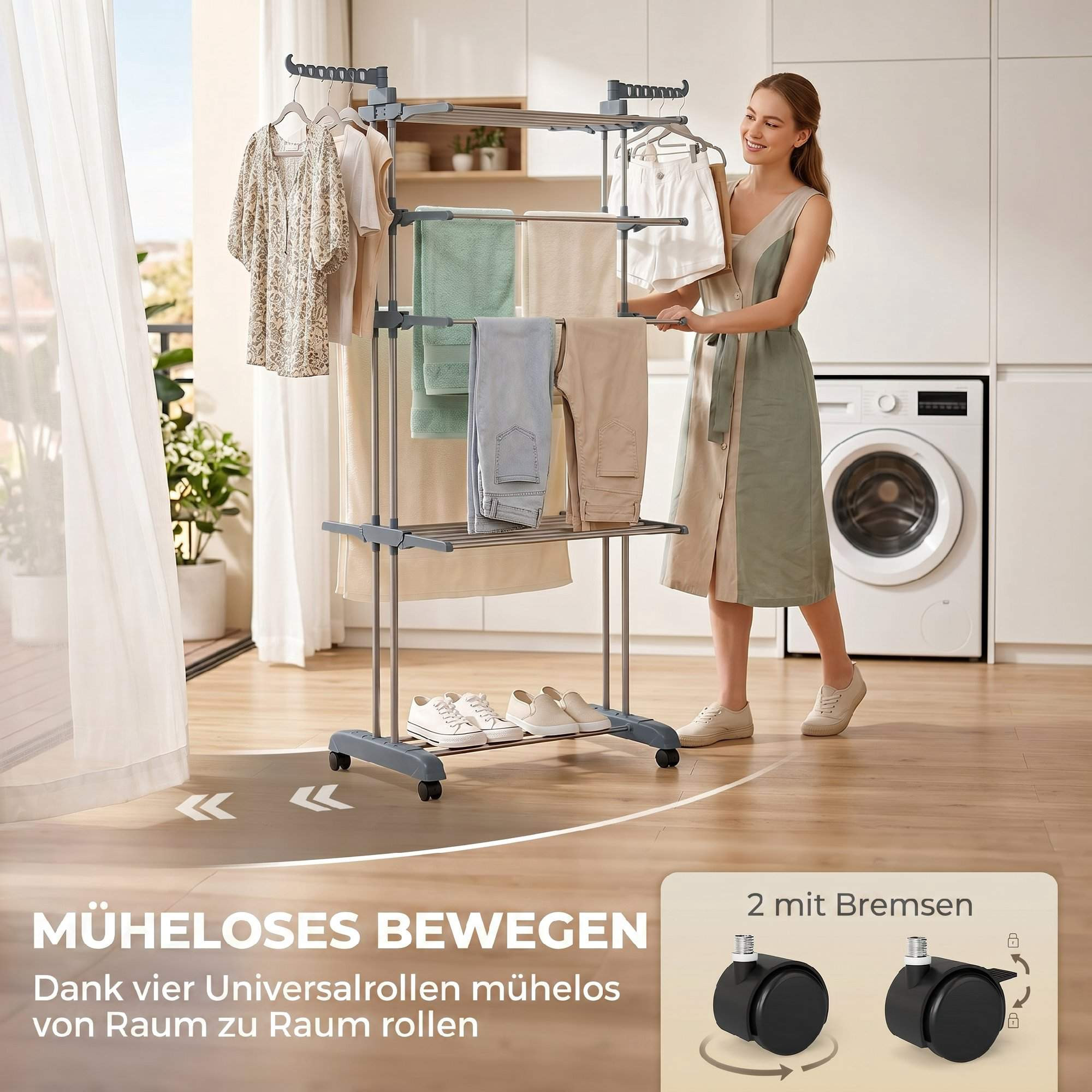 Foldable 5-Tier Clothes Drying Rack with Wheels, Grey