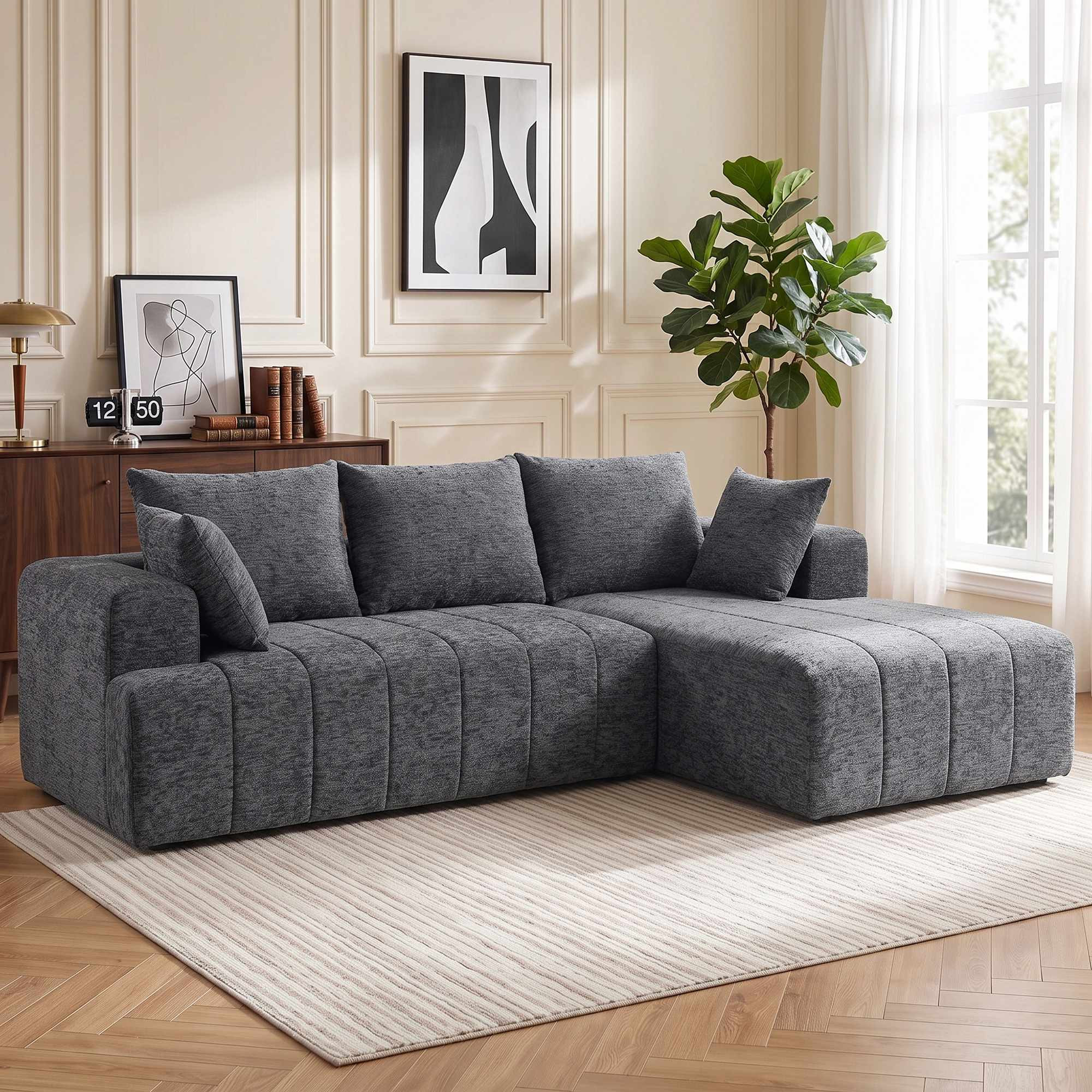 Sofá-cama conversível em L de chenille com pufe, cinza