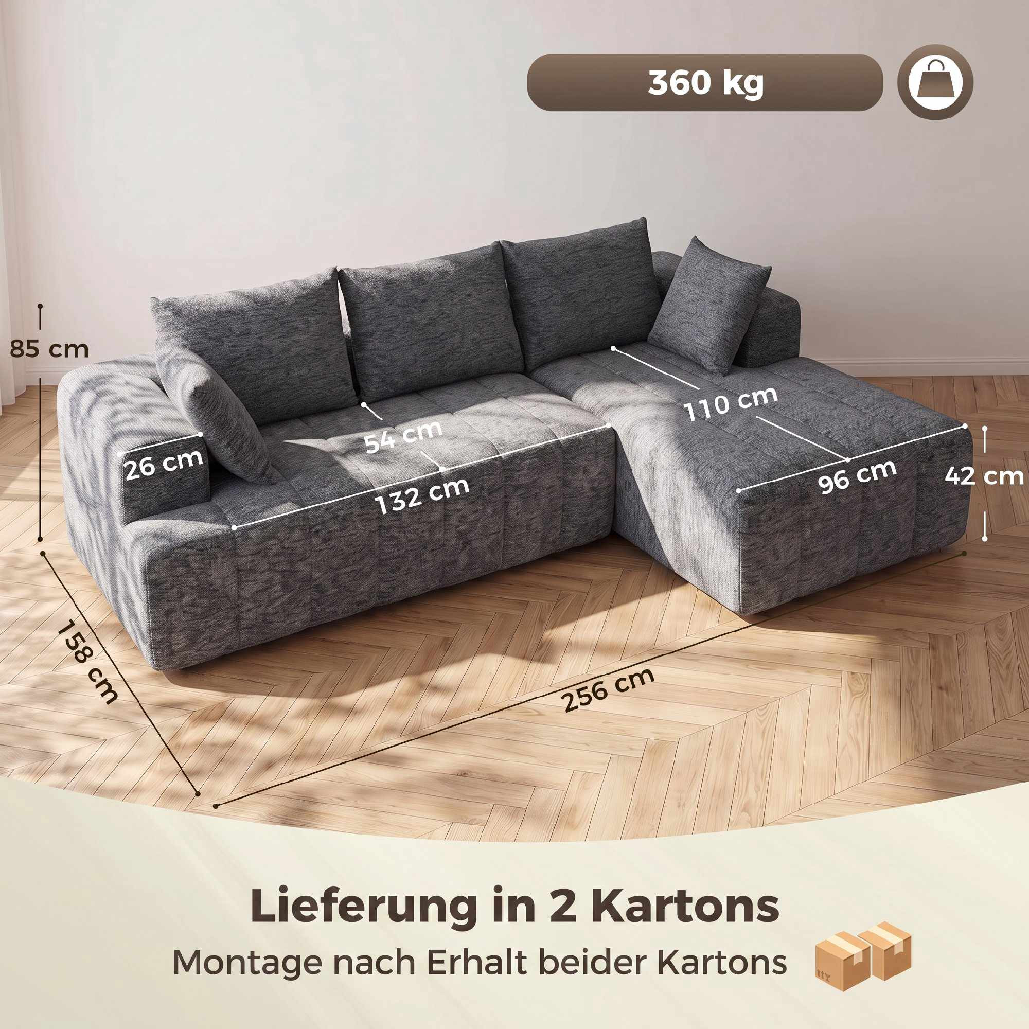 Sofá-cama conversível em L de chenille com pufe, cinza