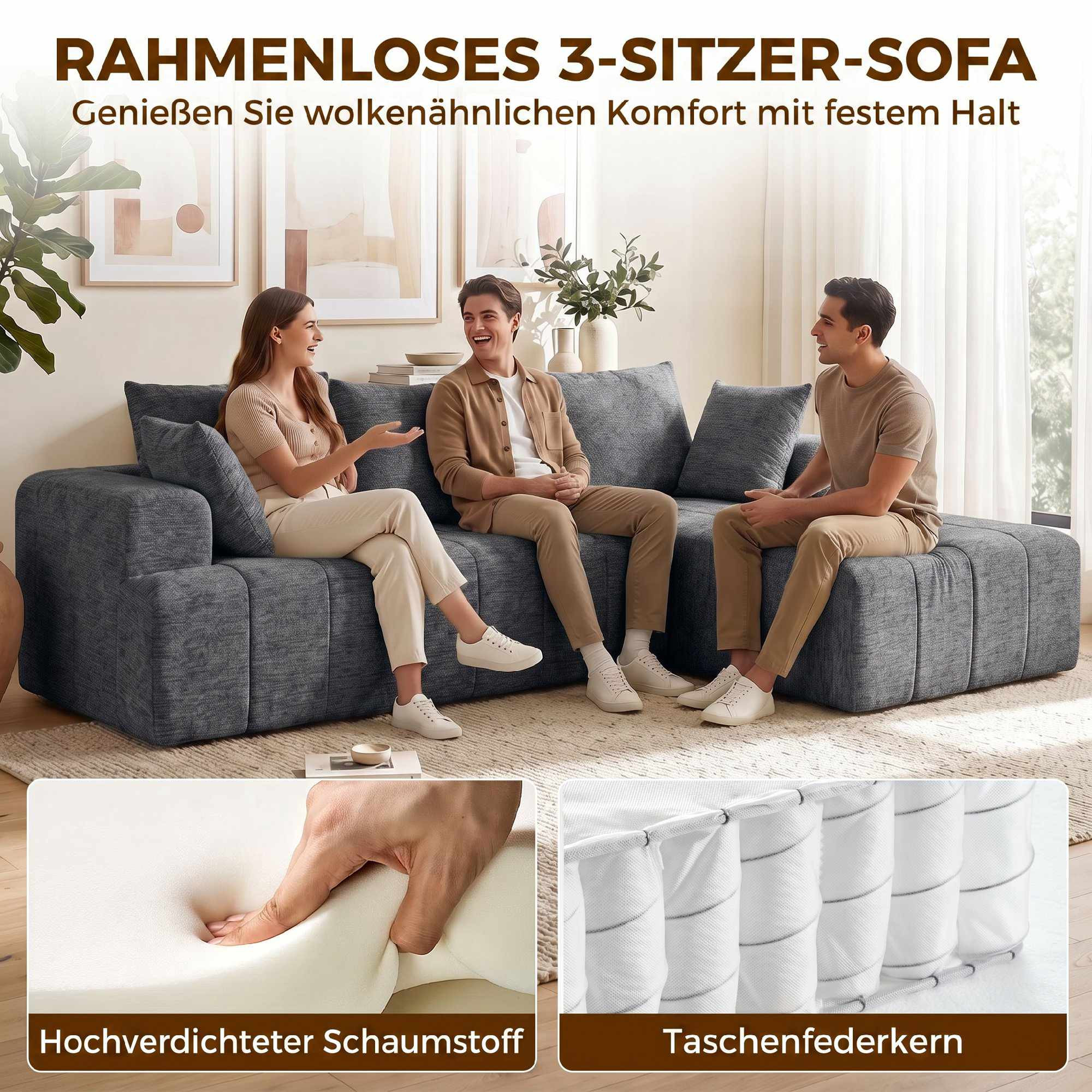 Sofá-cama conversível em L de chenille com pufe, cinza