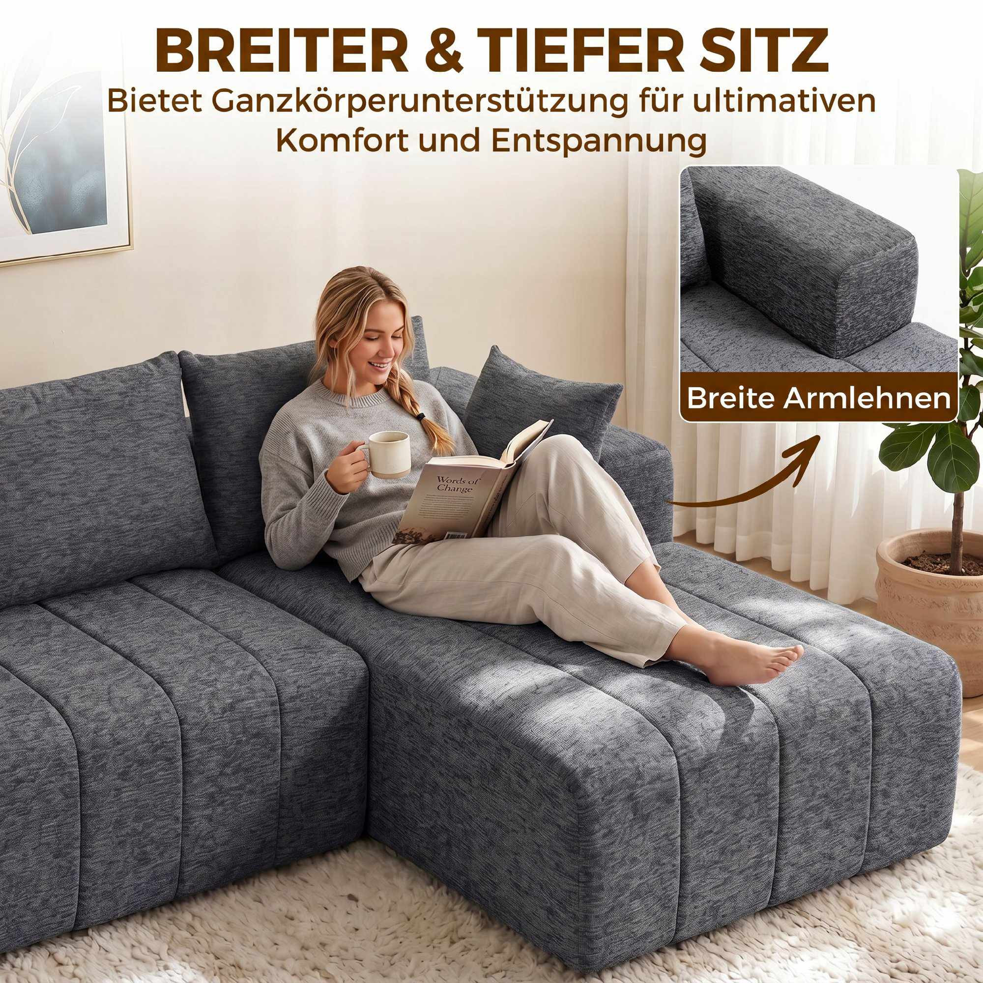 Sofá-cama conversível em L de chenille com pufe, cinza