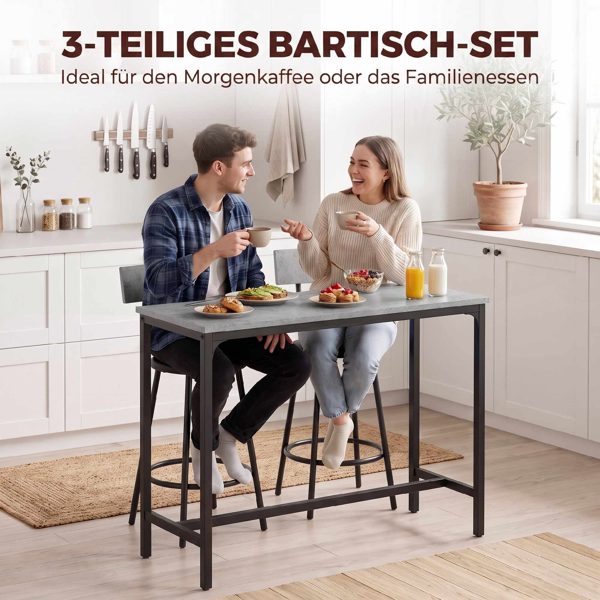 Bar Table Set with 2 Grey PU Leather Stools, Space-Saving