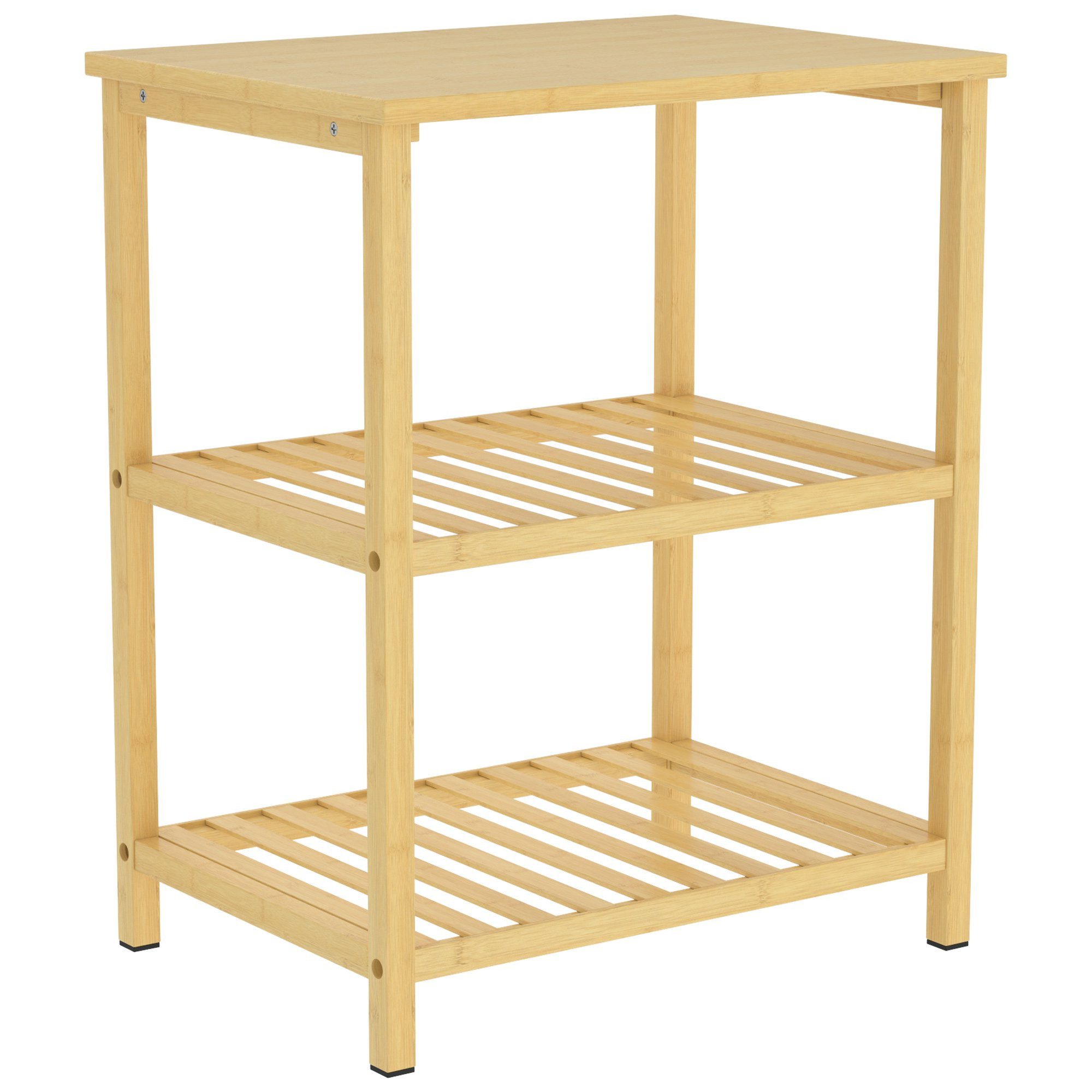 Mesa lateral de bambu com 3 prateleiras ripadas e acabamento natural.