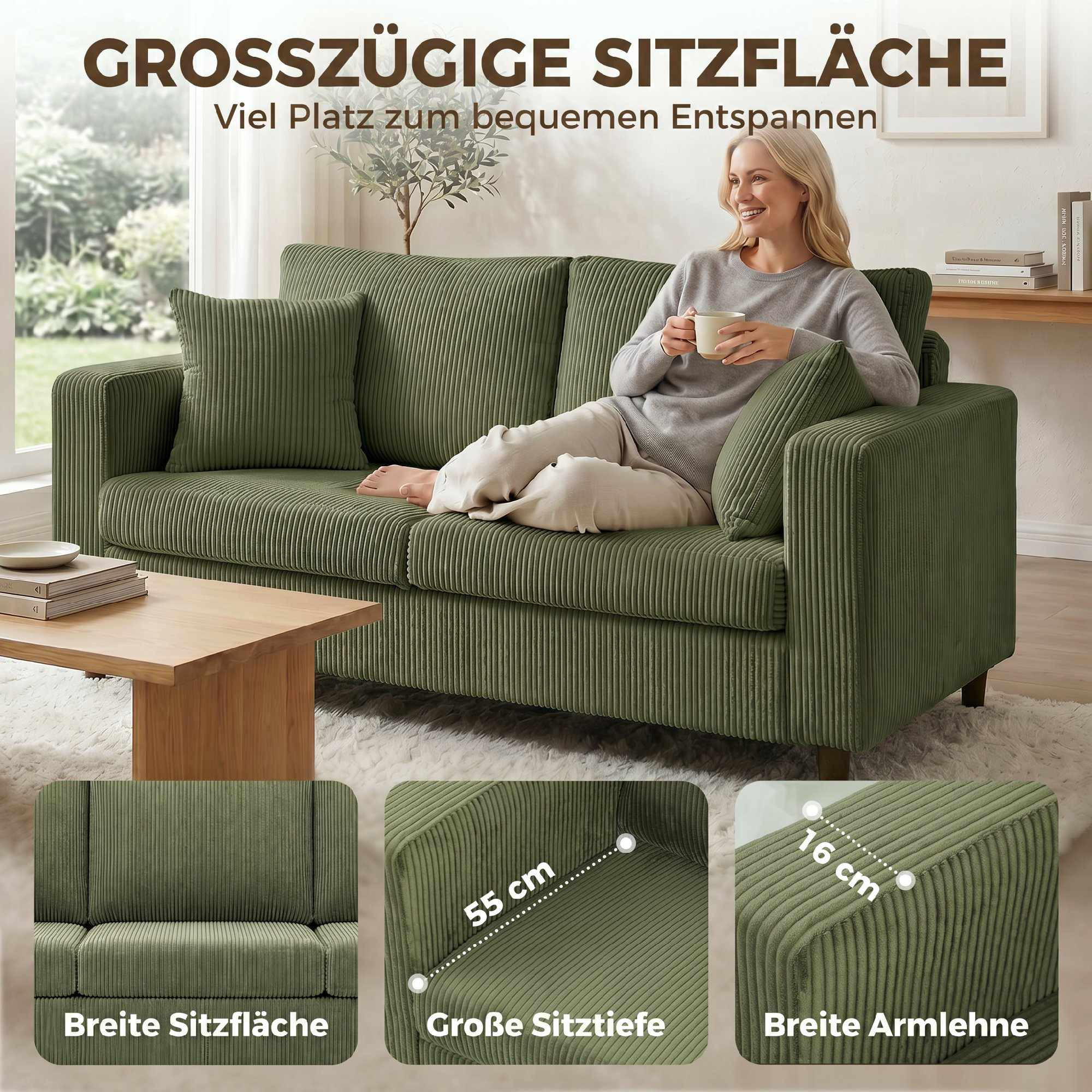 Sofá de 2 plazas de pana verde con acolchado profundo.