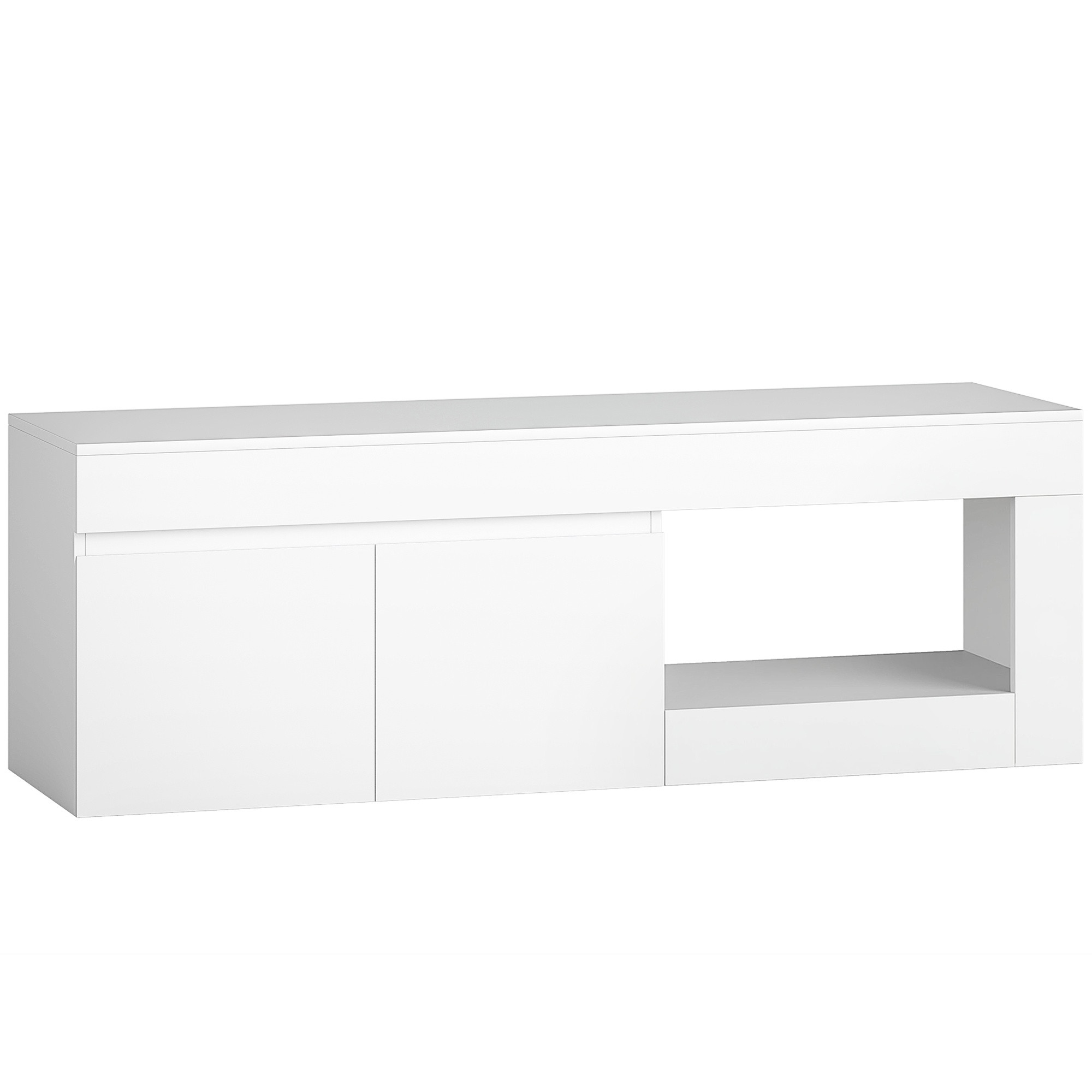 Suporte de TV branco com portas e prateleira para TVs de 60 polegadas.