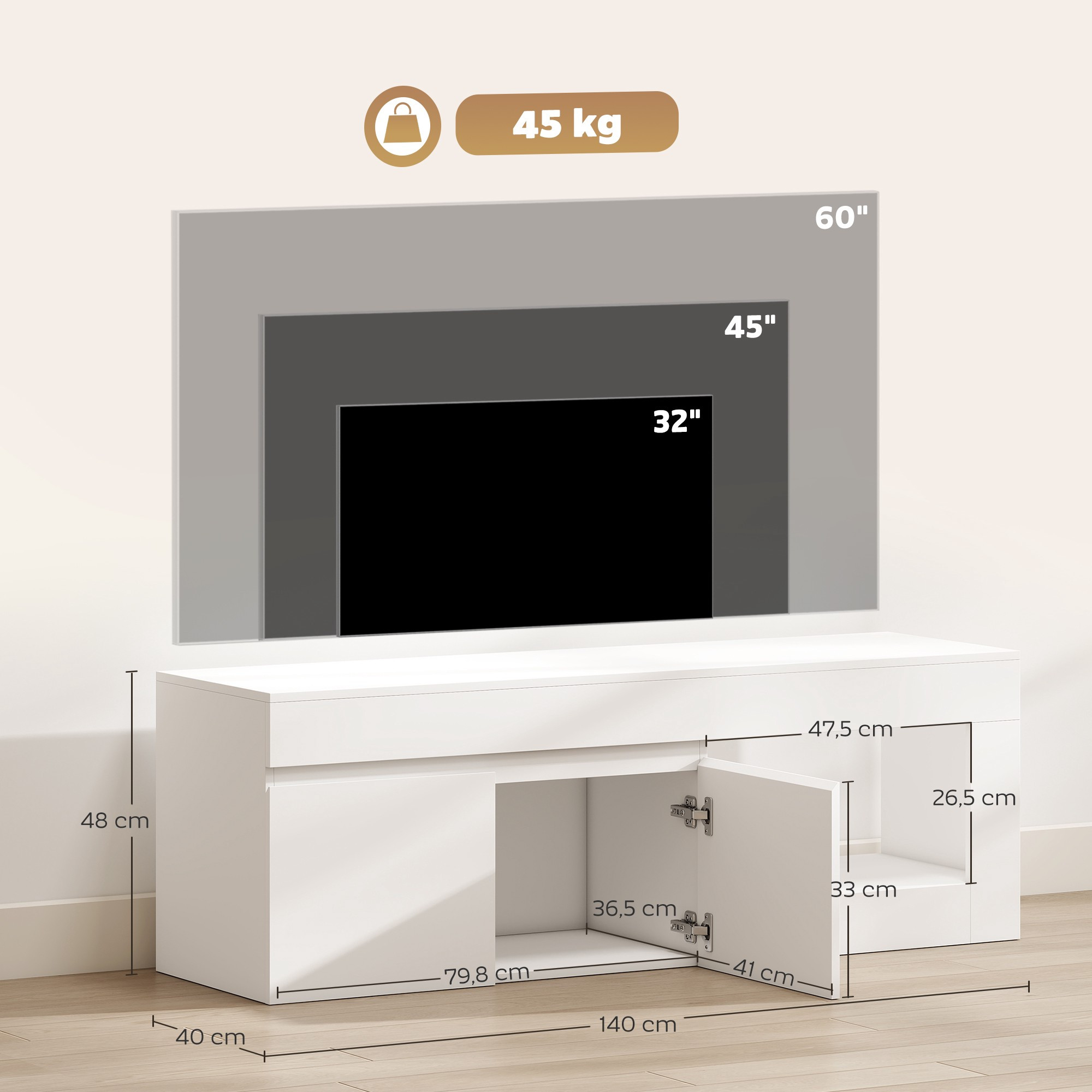 Suporte de TV branco com portas e prateleira para TVs de 60 polegadas.