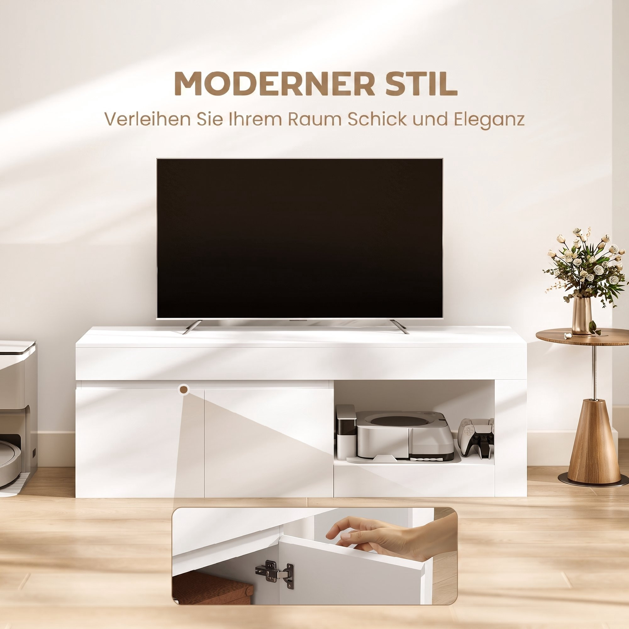 Suporte de TV branco com portas e prateleira para TVs de 60 polegadas.