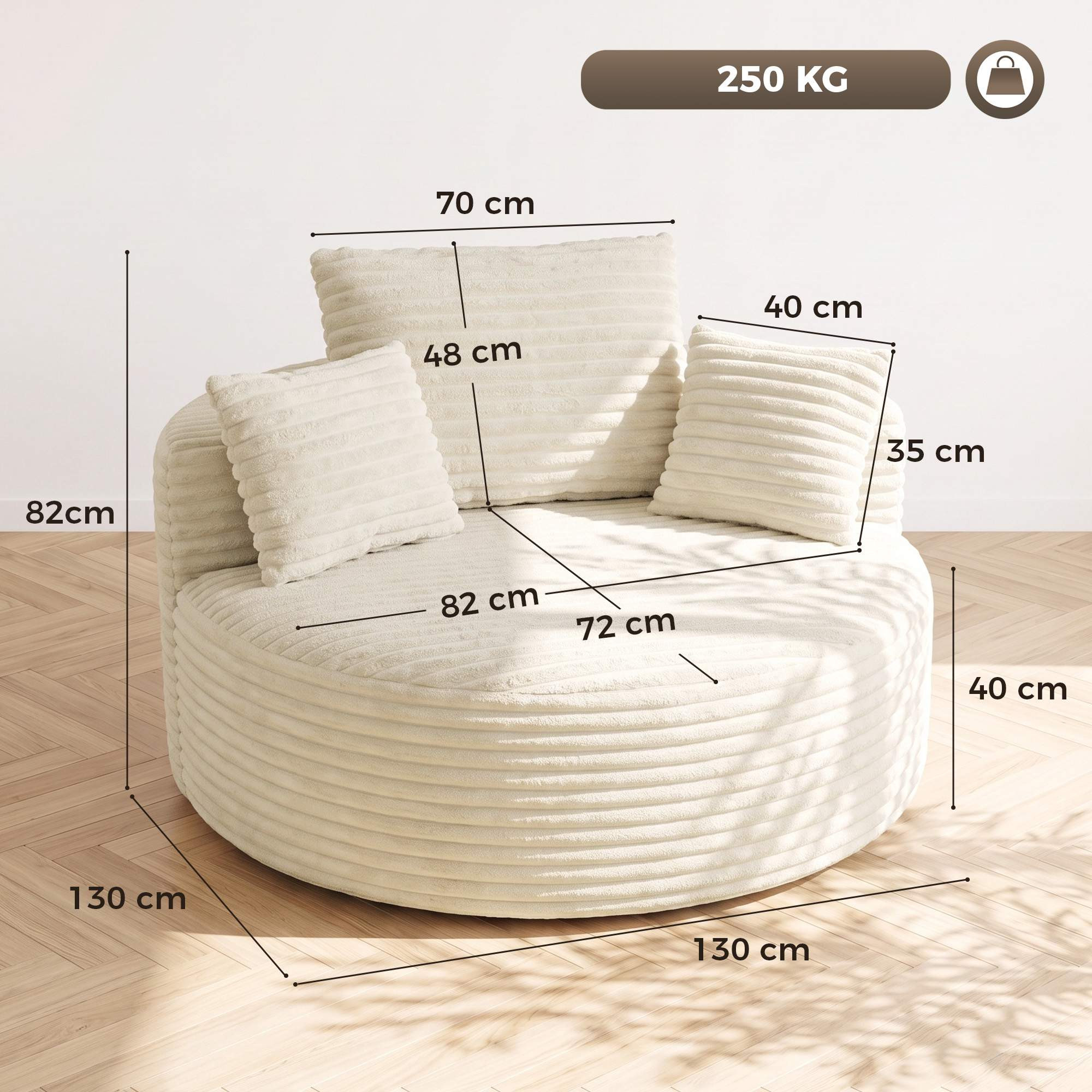 Poltrona de espuma com assento profundo e almofadas, cor creme/branco