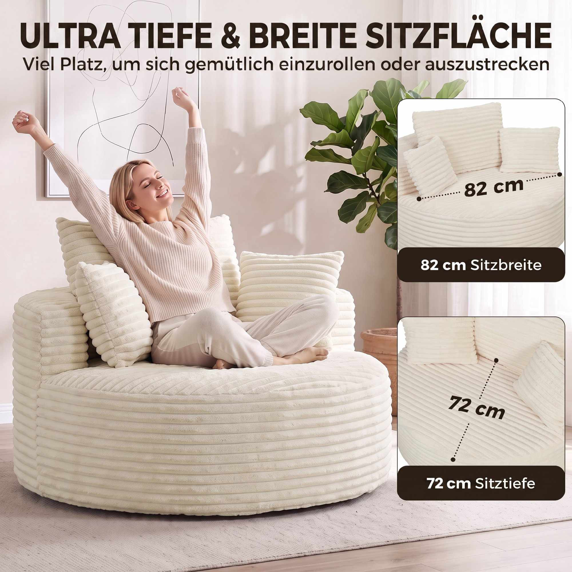 Poltrona de espuma com assento profundo e almofadas, cor creme/branco