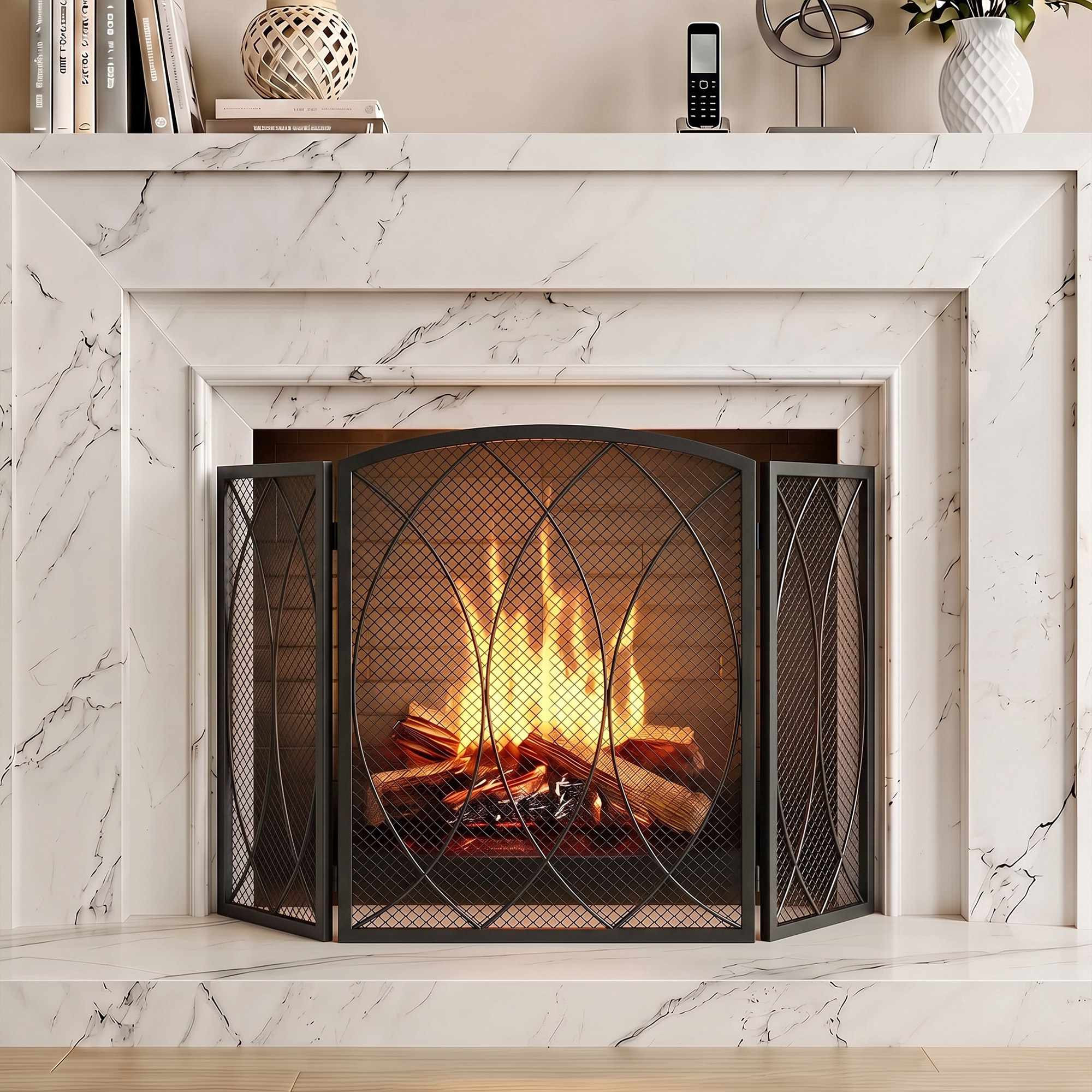 Geometric 3-Panel Metal Fireplace Screen, Black